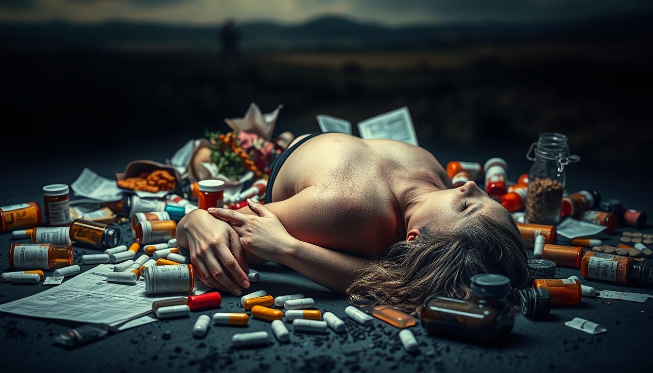 A dramatic scene depicting the dangers of crash dieting. In the foreground, a figure collapses, skin pale and sunken, surrounded by empty pill bottles and discarded diet plans. The middle ground shows a jumble of unhealthy food choices - greasy fast food, sugary snacks, and diet supplements. In the background, a blurred landscape conveys a sense of isolation and despair. Dramatic, low-key lighting casts ominous shadows, emphasizing the grim consequences of extreme weight loss methods. The overall mood is somber, cautioning against the vibrant, unhealthy practices of crash dieting. A dramatic scene depicting the dangers of crash dieting. In the foreground, a figure collapses, skin pale and sunken, surrounded by empty pill bottles and discarded diet plans. The middle ground shows a jumble of unhealthy food choices - greasy fast food, sugary snacks, and diet supplements. In the background, a blurred landscape conveys a sense of isolation and despair. Dramatic, low-key lighting casts ominous shadows, emphasizing the grim consequences of extreme weight loss methods. The overall mood is somber, cautioning against the vibrant, unhealthy practices of crash dieting.