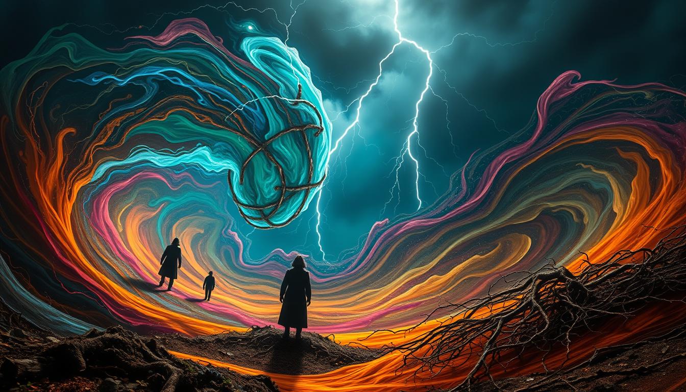 A dreamlike, surreal landscape depicting the potential risks of natural cognitive support. In the foreground, a swirling vortex of vibrant, ominous hues symbolizing the unpredictable nature of herbal remedies. Shadowy figures, representing adverse reactions, emerge from the depths. The middle ground features a tangled web of roots and vines, alluding to the complexities of natural ingredients. In the background, a dark, foreboding sky sets an unsettling tone, while flashes of lightning illuminate the dangers lurking within. The scene is rendered with a cinematic, chiaroscuro lighting that heightens the sense of drama and unease. Overall, the image conveys the hidden perils that may arise from the use of unregulated natural cognitive enhancers.