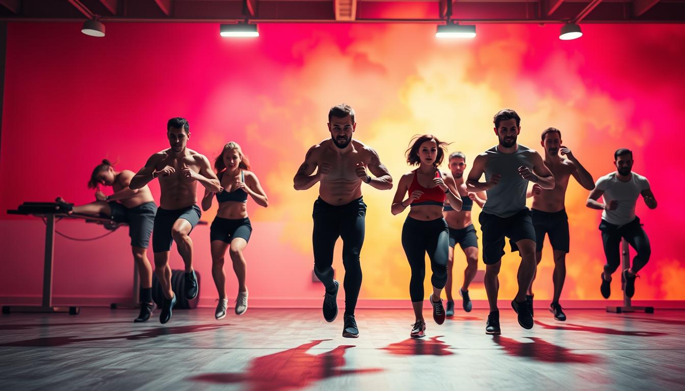 A dynamic HIIT (High-Intensity Interval Training) workout scene set against a vibrant, energetic backdrop. In the foreground, a group of determined individuals performing a variety of fat-burning exercises, such as burpees, jumping jacks, and mountain climbers, with their expressions showcasing intense focus and determination. The middle ground features a minimalist, contemporary gym setting with sleek equipment and a well-lit, airy atmosphere. The background is a blend of vivid, saturated hues, creating a sense of energy and vitality, complementing the active nature of the scene. Dramatic, directional lighting from multiple angles highlights the sculpted forms of the participants, emphasizing the intensity and effectiveness of the HIIT workout. The overall composition conveys the synergy between a challenging, high-intensity exercise regimen and the pursuit of rapid fat loss.