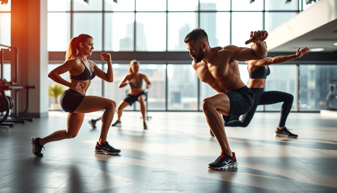 A dynamic and energetic full-body workout scene. In the foreground, a fit model executes a series of functional exercises like squats, lunges, and burpees, their muscles rippling with effort under vibrant lighting. The middle ground features a sleek, minimalist gym interior with high ceilings and large windows, bathing the space in a warm, natural glow. In the background, a blurred cityscape provides an urban, vibrant backdrop, conveying a sense of drive and determination. The overall mood is one of intensity, focus, and the exhilaration of a challenging, effective workout.