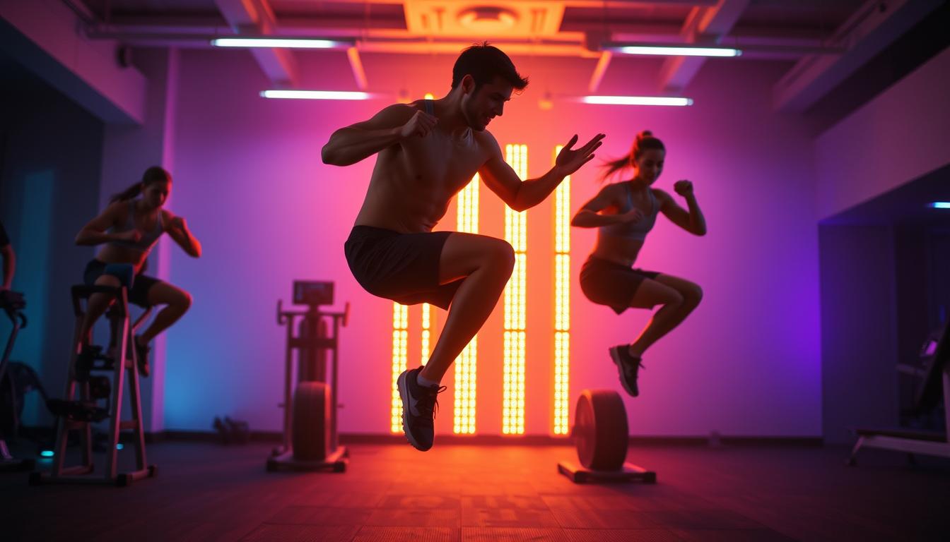 A dynamic and intense cardio workout scene unfolds, capturing the energy and motion of a "Cardio Blast" routine. In the foreground, a fit individual performs high-intensity exercises like jumping jacks, burpees, and mountain climbers, their limbs moving with vibrant, powerful movements. The middle ground features a dimly lit, modern gym setting with sleek equipment and a vibrant, pulsing lighting system that casts a energetic glow. In the background, a blurred, minimalist backdrop creates a sense of depth and focus on the workout action. The overall atmosphere is one of vigorous, high-energy exercise, with a mood of determination and progress towards fitness goals.