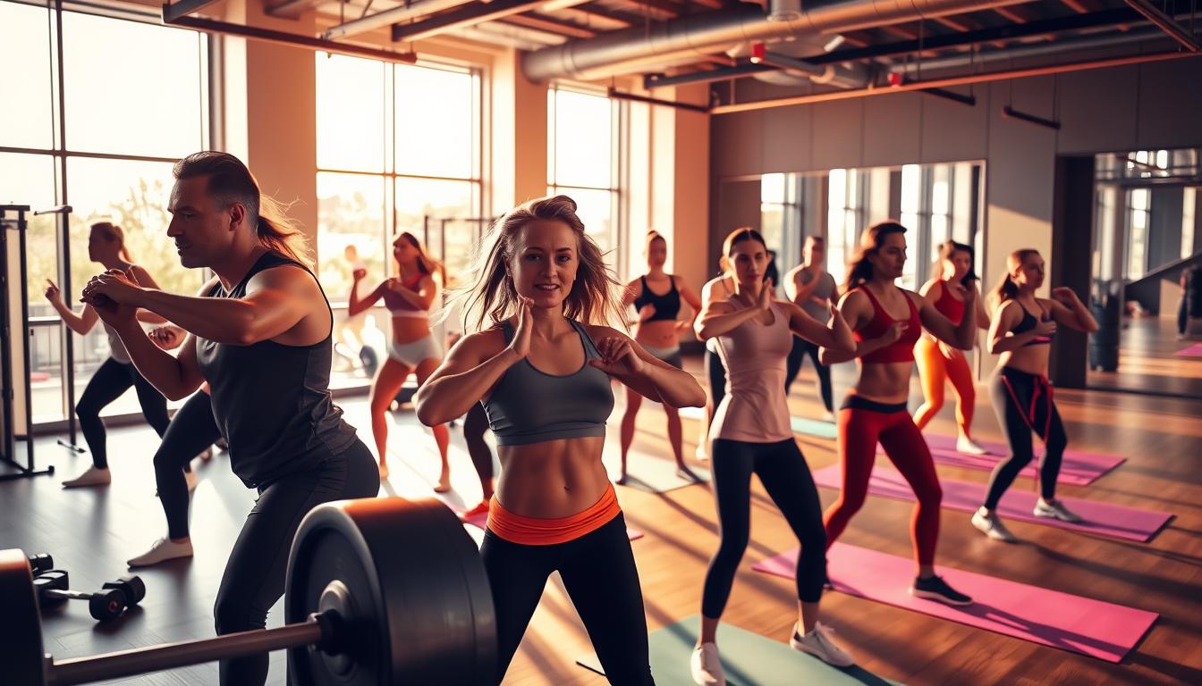 A dynamic fitness studio, bathed in warm, vibrant lighting. In the foreground, a group of individuals engages in a high-intensity interval training session, their expressions focused and their movements fluid. Weightlifting equipment, resistance bands, and yoga mats are scattered throughout the middle ground, suggesting a diverse array of fat-burning exercises. The background reveals sleek, modern architecture, with large windows allowing natural light to stream in, creating an energizing and inviting atmosphere. The overall scene conveys the effectiveness and intensity of the fat-burning techniques on display, inspiring the viewer to embrace a holistic approach to unlocking their natural fat-burning potential.