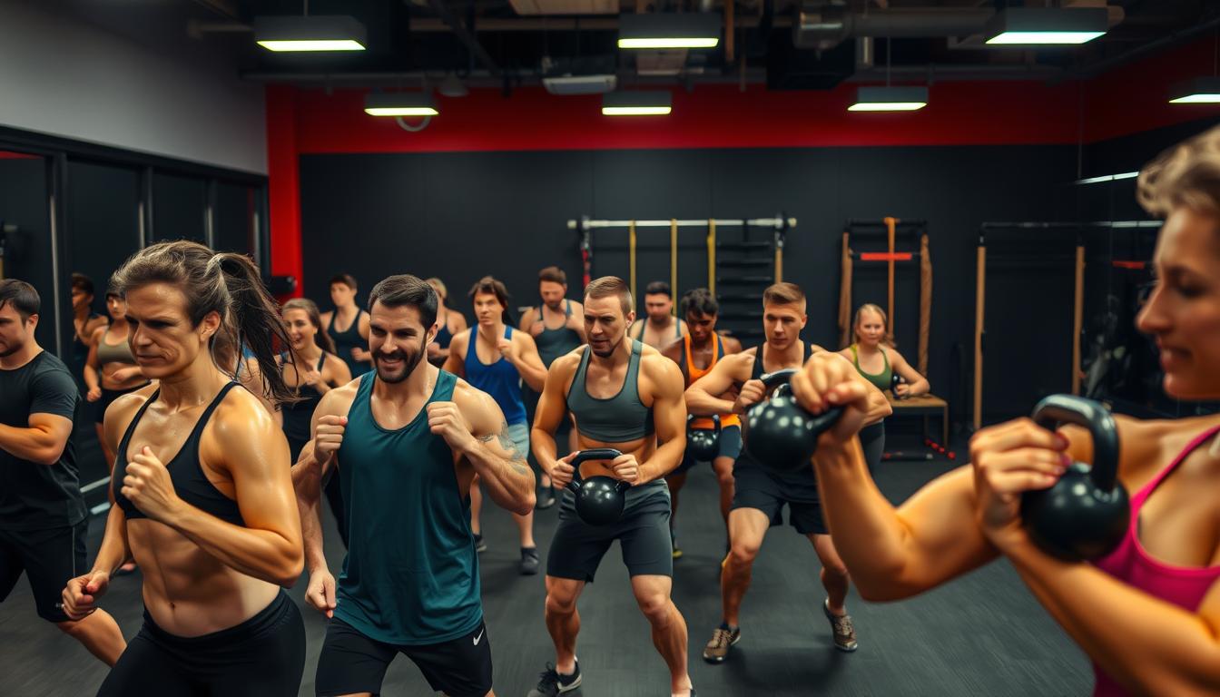 A dynamic fitness studio filled with energetic individuals engaged in a variety of metabolic conditioning exercises. In the foreground, a group of athletes performing high-intensity interval training, their bodies moving with purpose and intensity, sweat glistening under the vibrant lighting. In the middle ground, others are lifting weighted kettlebells, their muscles straining as they push their limits. In the background, a series of stations showcasing a range of functional training equipment, from battle ropes to agility ladders, all designed to push the boundaries of physical capacity. The overall atmosphere is one of focus, determination, and a shared pursuit of optimum metabolic fitness.