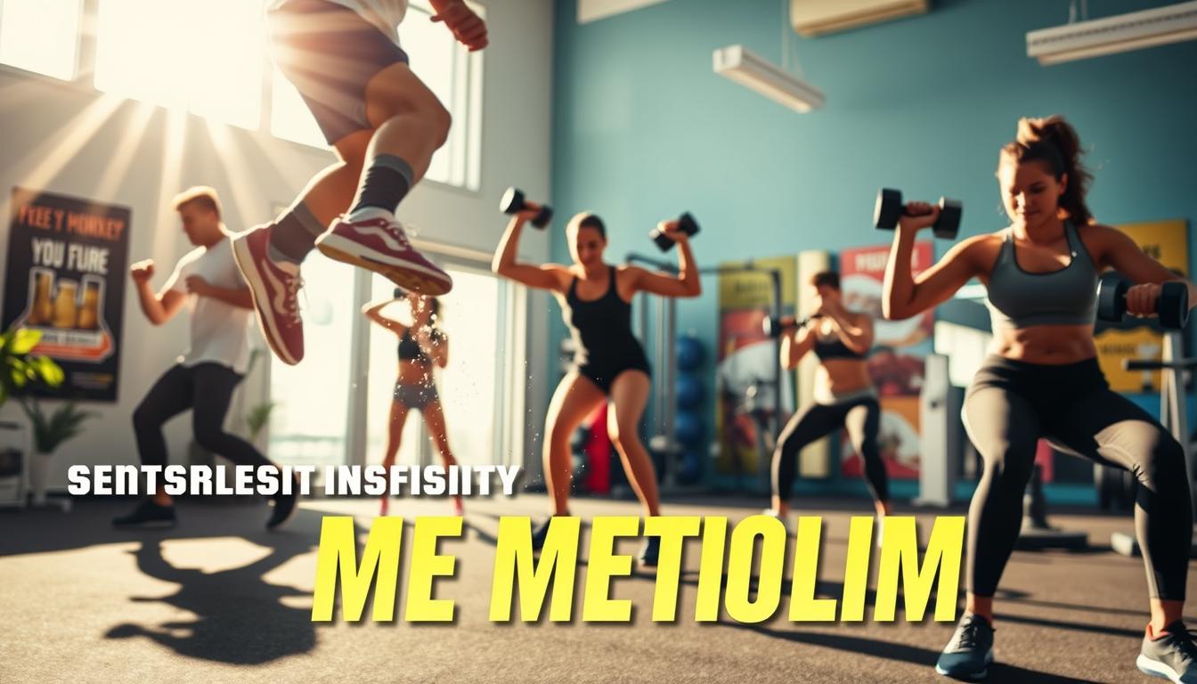 A dynamic, high-energy scene showcasing various fitness activities to boost metabolism. In the foreground, a person performing intense cardio exercises like jumping jacks, with dynamic lighting and sweat effects. In the middle ground, weight training exercises like dumbbell curls and squats. In the background, a bright, sunlit gym or outdoor setting with motivational posters and equipment. The overall atmosphere is vibrant, energetic, and inspirational, encouraging the viewer to engage in metabolism-enhancing workouts. A dynamic, high-energy scene showcasing various fitness activities to boost metabolism. In the foreground, a person performing intense cardio exercises like jumping jacks, with dynamic lighting and sweat effects. In the middle ground, weight training exercises like dumbbell curls and squats. In the background, a bright, sunlit gym or outdoor setting with motivational posters and equipment. The overall atmosphere is vibrant, energetic, and inspirational, encouraging the viewer to engage in metabolism-enhancing workouts.