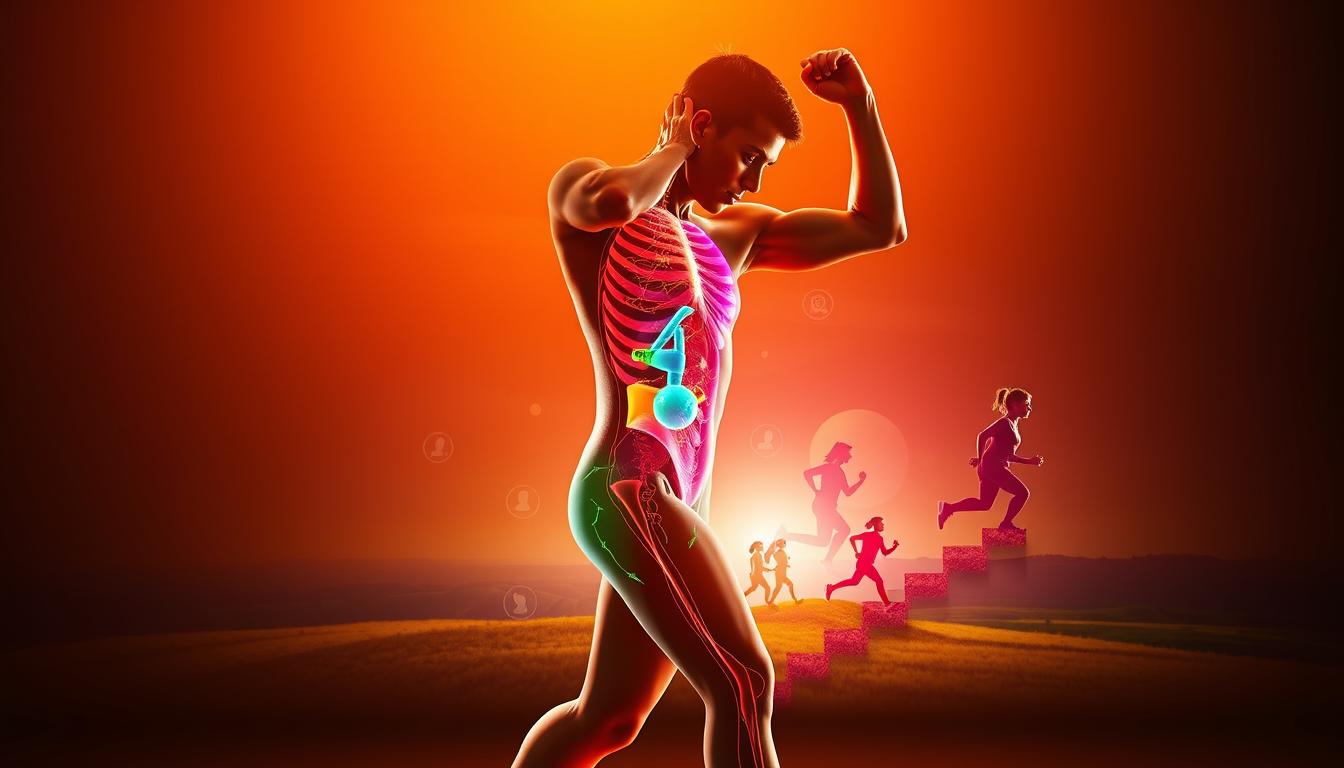 A dynamic human figure stretches and moves, their muscles rippling with energy. In the foreground, a vibrant, colorful visualization of the metabolic process unfolds, depicting the body's systems working in harmony to burn calories and shed weight. The middle ground showcases a variety of everyday activities like walking, jogging, and climbing stairs, each one contributing to a healthy, active lifestyle. The background features a serene, nature-inspired landscape, symbolizing the holistic benefits of daily movement for both physical and mental well-being. Warm, vibrant lighting illuminates the scene, creating a sense of vitality and purpose.