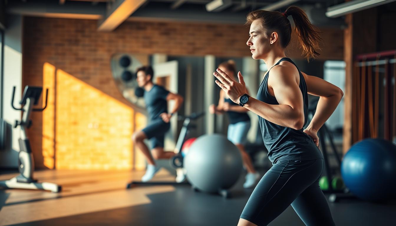 A dynamic scene of active recovery, set in a well-equipped gym. In the foreground, a determined individual performs a series of controlled, vibrant movements, such as light jogging, jumping jacks, or gentle stretches. The middle ground features various fitness equipment like exercise bikes, stability balls, and resistance bands, suggesting a multitude of active recovery options. The background is illuminated by warm, natural lighting, casting a motivating glow over the scene. The overall atmosphere is one of purposeful, vibrant movement, highlighting the benefits of active recovery for training. A dynamic scene of active recovery, set in a well-equipped gym. In the foreground, a determined individual performs a series of controlled, vibrant movements, such as light jogging, jumping jacks, or gentle stretches. The middle ground features various fitness equipment like exercise bikes, stability balls, and resistance bands, suggesting a multitude of active recovery options. The background is illuminated by warm, natural lighting, casting a motivating glow over the scene. The overall atmosphere is one of purposeful, vibrant movement, highlighting the benefits of active recovery for training.