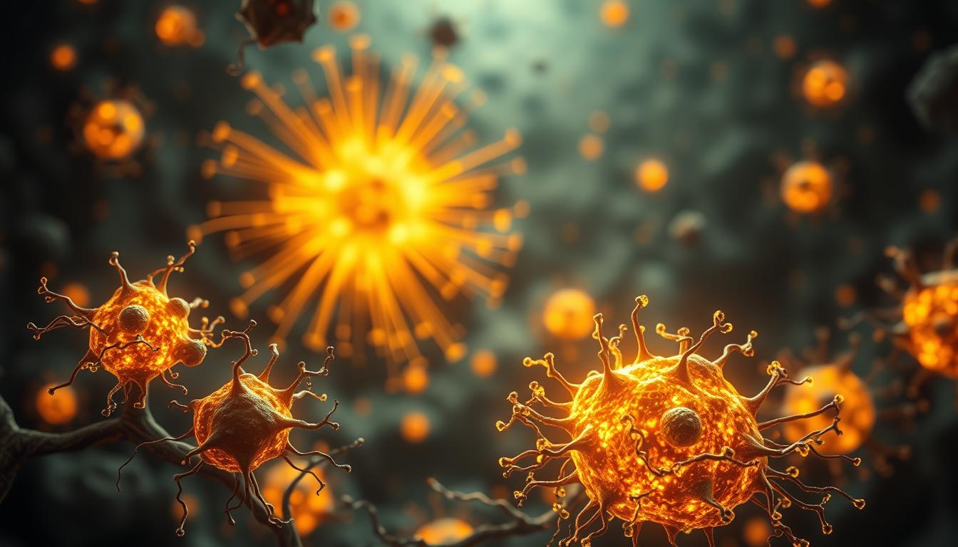 A dynamic scene of mitochondria, the powerhouses of the cell, generating a pulsing, vibrant energy flow. In the foreground, a cluster of mitochondria glow with an intense, intricate web of bioluminescent activity, their cristae structures visible in intricate detail. In the middle ground, waves of energy radiate outward, illuminating the surrounding cellular environment with a warm, golden light. The background is a blurred, dreamlike landscape of biological forms, hinting at the vast, interconnected network of energy production within the human body. The lighting is soft and diffused, creating a sense of wonder and awe at the incredible complexity and beauty of mitochondrial function.