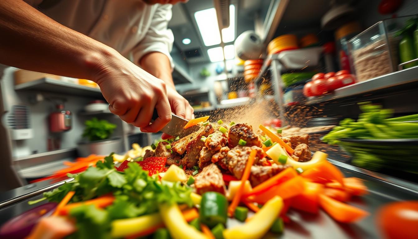 A fast-paced kitchen filled with vibrant motion. A chef's skilled hands swiftly preparing a protein-packed snack, chopping fresh ingredients with precision. Crisp vegetables, tender meat, and flavorful seasonings come together in a colorful blur. Bright overhead lighting illuminates the bustling scene, while a dynamic camera angle captures the energy of the moment. A perfect snapshot of snack preparation for a high-paced lifestyle, brimming with efficiency and flavor.