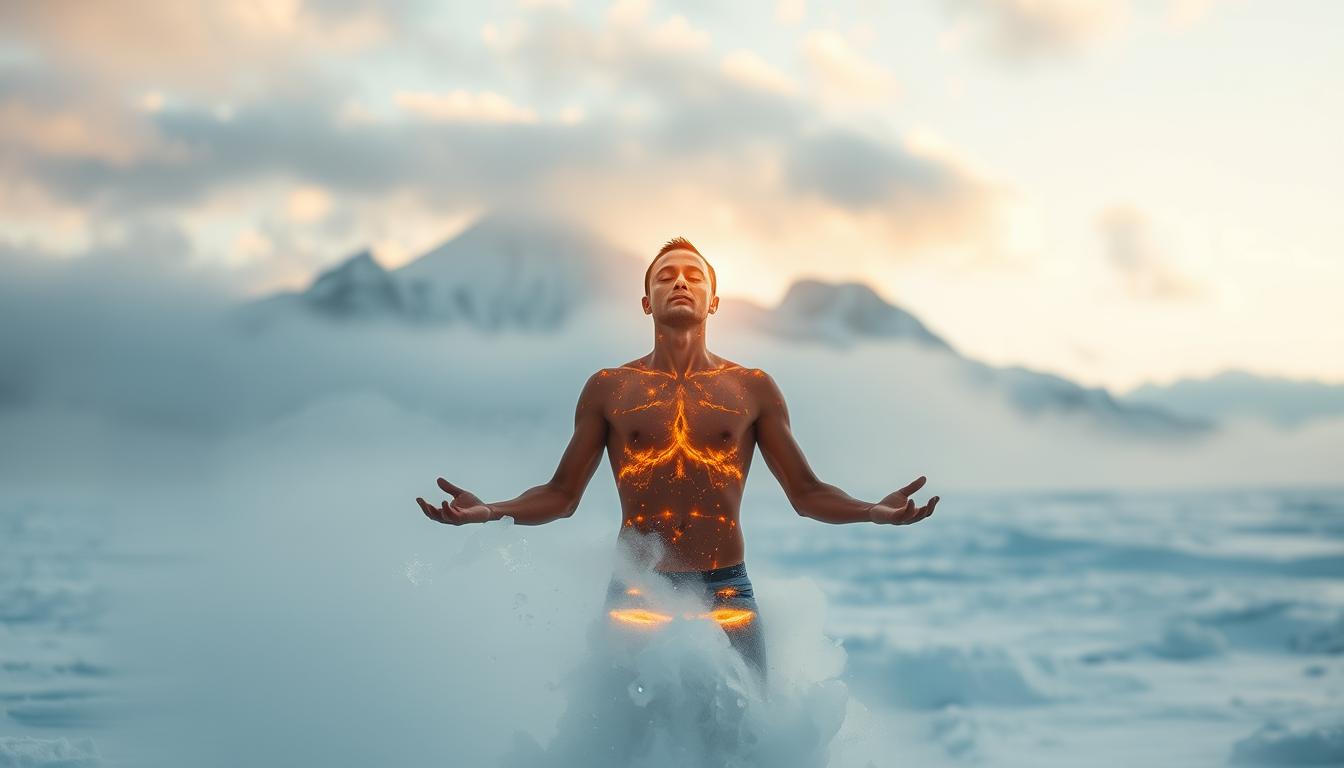 A frozen landscape envelops a person standing in the foreground, their body emanating a vibrant, glowing aura. The subject appears to be in a state of deep meditation, their eyes closed, as they harness the power of the elements. Crisp, icy winds sweep across the scene, illuminated by a soft, diffused light filtering through clouds. In the background, a majestic, snow-capped mountain range stands tall, its peaks reaching towards the heavens. The overall atmosphere conveys a sense of resilience, rejuvenation, and the extraordinary benefits that can be gained from embracing the challenges of cold exposure. A frozen landscape envelops a person standing in the foreground, their body emanating a vibrant, glowing aura. The subject appears to be in a state of deep meditation, their eyes closed, as they harness the power of the elements. Crisp, icy winds sweep across the scene, illuminated by a soft, diffused light filtering through clouds. In the background, a majestic, snow-capped mountain range stands tall, its peaks reaching towards the heavens. The overall atmosphere conveys a sense of resilience, rejuvenation, and the extraordinary benefits that can be gained from embracing the challenges of cold exposure.