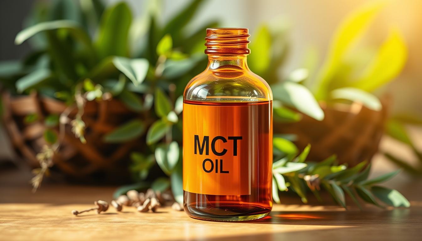 A glass bottle filled with a rich, golden-amber liquid, resting on a wooden surface. The bottle's label prominently displays the words "MCT Oil" in a clean, modern font. The lighting is warm and natural, casting a soft glow on the bottle, highlighting its vibrant hue. In the background, a blurred arrangement of green leafy plants and herbs creates a soothing, natural atmosphere, conveying the product's connection to wellness and vitality. The overall scene exudes a sense of premium quality, health, and vibrant energy, inviting the viewer to imagine the transformative benefits of this metabolism-boosting supplement.