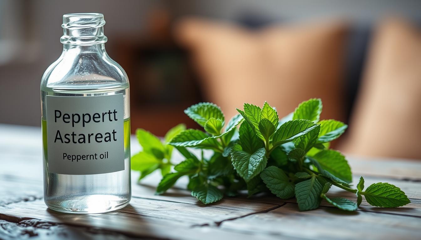 A glass bottle filled with clear peppermint oil, its label prominently displaying the name, rests on a rustic wooden surface. The bottle is illuminated by soft, natural lighting, casting gentle shadows and highlights that accentuate the bottle's shape and texture. In the middle ground, a few fresh peppermint leaves and sprigs are arranged, their vibrant green hues complementing the cool, minty tones of the oil. The background features a blurred, yet cozy atmosphere, perhaps a warm, inviting room or a tranquil outdoor setting, evoking a sense of relaxation and wellness associated with the use of peppermint oil for headaches.