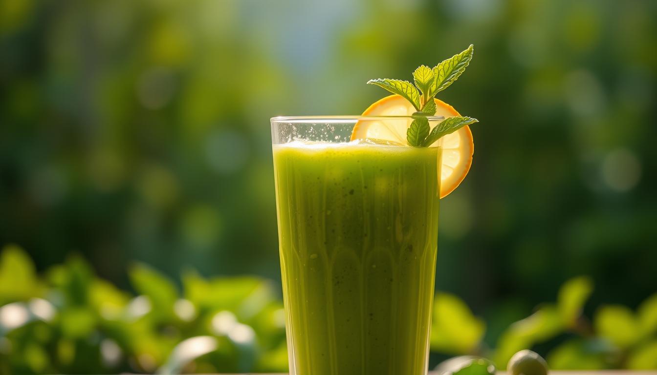 A glass filled with a vibrant green liquid, garnished with a sprig of fresh mint and a slice of lemon. The smooth, creamy texture of the drink is highlighted by the soft, natural lighting that casts a warm glow, creating a sense of inviting wellness. In the background, a blurred, serene landscape with verdant foliage sets the stage for this refreshing, metabolism-boosting beverage. Captured with a shallow depth of field, the focus is drawn to the centerpiece - the green tea smoothie, a vibrant and rejuvenating elixir.