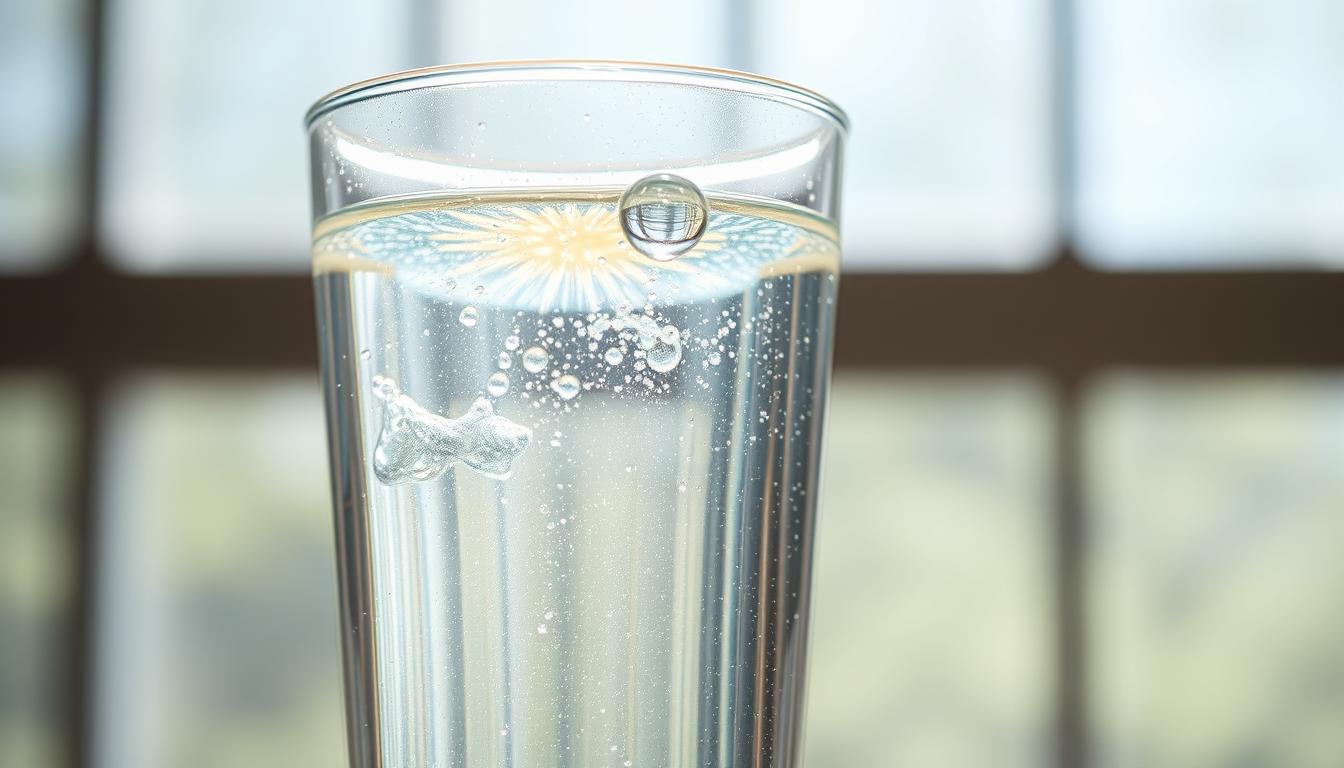 A glass filled with crystal clear, shimmering water reflecting the sunlight that streams through a window. The water appears cool and refreshing, with a slight sparkling effect suggesting effervescence. In the foreground, a single water droplet hangs precariously on the rim of the glass, capturing the viewer's attention. The background is blurred, creating a vibrant, minimalist focus on the hydrating properties of the water. The overall scene conveys a sense of purity, vitality, and the essential role of water in cellular health.