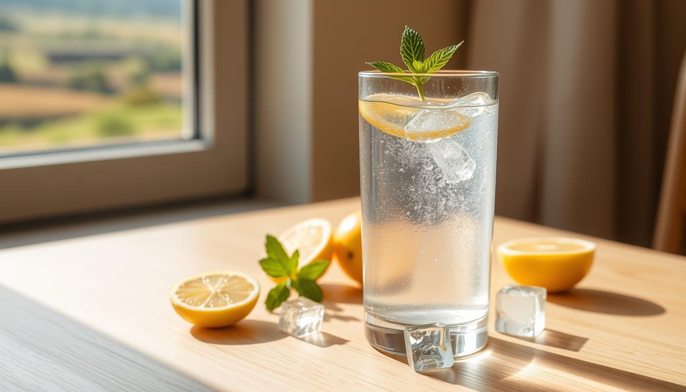 A glass of fresh, cool water stands atop a light-colored wooden table, surrounded by sliced lemons, a sprig of mint, and a few ice cubes. The morning light streams in through a nearby window, casting a warm, vibrant glow on the scene. The glass is perspiring slightly, adding to the sense of refreshment. In the background, a soft, blurred landscape can be seen, hinting at the tranquility of the morning. The overall mood is one of simplicity, nourishment, and the start of a new day.