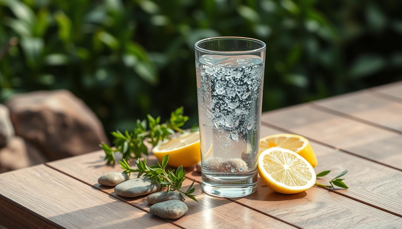 A glass of refreshing mineral water on a wooden table, with a lush, verdant background. The glass is filled with sparkling, crystal-clear water, reflecting the light and casting a mesmerizing glow. Surrounding the glass are natural elements like river stones, fresh herbs, and a few slices of lemon, creating a serene, vibrant scene. The lighting is soft and diffused, evoking a sense of calm and tranquility. The composition is balanced, with the glass of water as the focal point, showcasing the essential role of mineral water in maintaining cellular health.