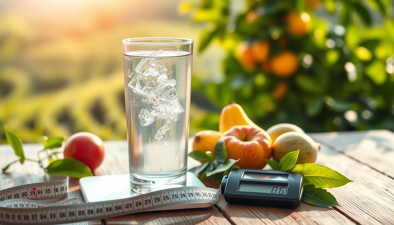 A glass of refreshing water standing on a wooden table, surrounded by lush green leaves and vibrant fruits. The lighting is soft and natural, casting a warm glow on the scene. In the foreground, a tape measure and a pair of digital scales suggest the connection between hydration and weight management. The background features a serene landscape, hinting at the importance of a holistic approach to health and wellness. This image captures the essence of the "Hydration and Weight Loss" section, inviting the viewer to explore the natural path to sustainable weight loss. A glass of refreshing water standing on a wooden table, surrounded by lush green leaves and vibrant fruits. The lighting is soft and natural, casting a warm glow on the scene. In the foreground, a tape measure and a pair of digital scales suggest the connection between hydration and weight management. The background features a serene landscape, hinting at the importance of a holistic approach to health and wellness. This image captures the essence of the "Hydration and Weight Loss" section, inviting the viewer to explore the natural path to sustainable weight loss.