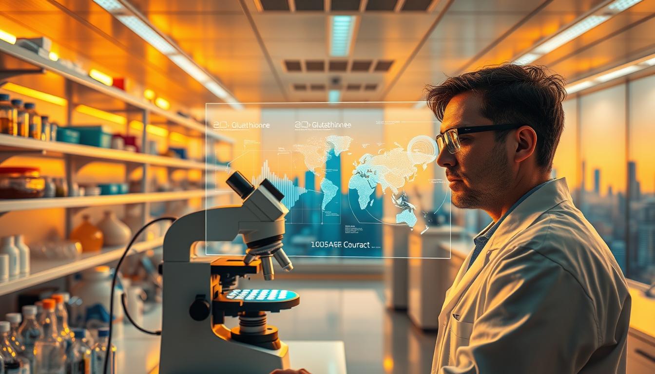 A gleaming laboratory interior, flooded with warm, vibrant lighting. In the foreground, a researcher examines a well-plate under a high-powered microscope, their face alight with scientific curiosity. Shelves of clinical equipment and analytical instruments line the walls, hinting at the advanced research taking place. In the middle ground, a holographic display projects dynamic graphs and data visualizations, charting the complex biochemical pathways of glutathione. The background is a sweeping panorama of city skylines, reflecting the global scope of this groundbreaking clinical research. An atmosphere of meticulous inquiry and the pursuit of medical breakthroughs permeates the scene.