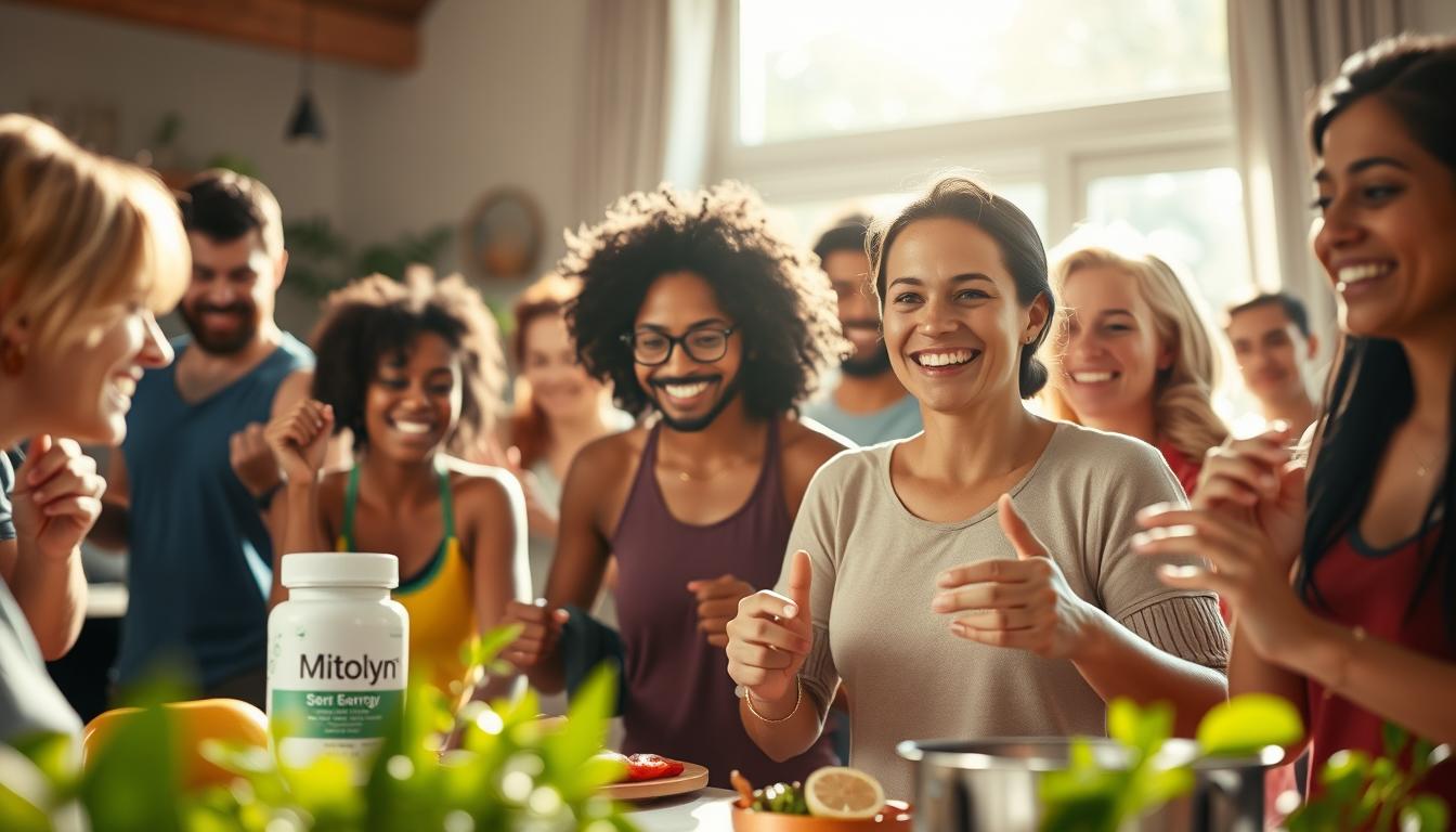 A group of diverse individuals experiencing the benefits of Mitolyn, a cellular health supplement, in their daily lives. The foreground features a vibrant and candid scene of people engaged in various activities, such as exercising, cooking, or socializing, reflecting their improved energy, focus, and overall well-being. The middle ground showcases a warm, natural-lit environment with sunlight filtering through and creating a sense of vitality. The background subtly suggests a serene, nature-inspired setting, evoking a calming and rejuvenating atmosphere. The lighting is soft and diffused, highlighting the subjects' vibrant expressions and the supplement's positive impact on their user experiences.