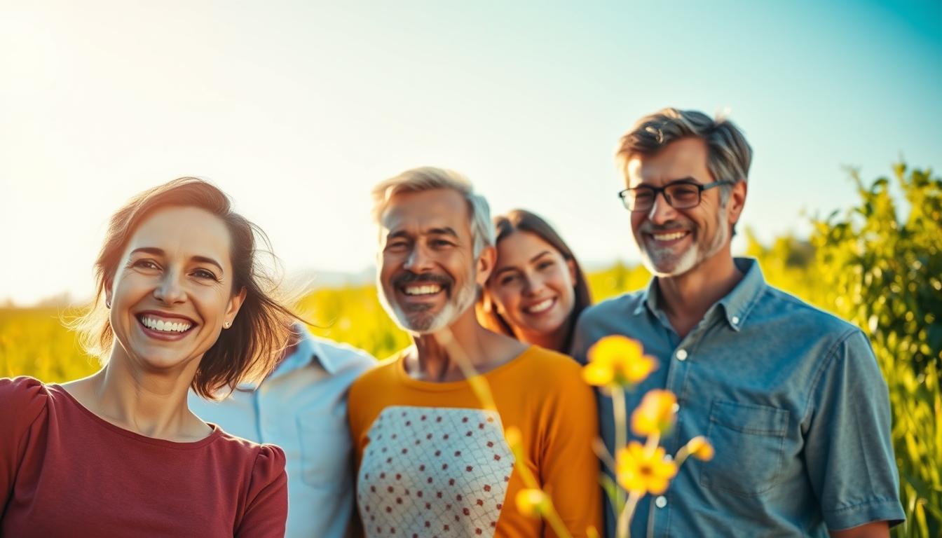A group of diverse individuals, their faces radiating genuine satisfaction, stand against a backdrop of a serene, sun-drenched meadow. Soft, natural lighting casts a warm glow, accentuating their relaxed, content expressions. In the foreground, a woman in her 30s smiles widely, her eyes sparkling with vitality. Next to her, a middle-aged man nods approvingly, his posture conveying a sense of renewed energy. In the middle ground, a young couple embrace, their faces reflecting a sense of renewed well-being. The vibrant, verdant foliage and the clear, azure sky create a tranquil, rejuvenating atmosphere, perfectly capturing the "real user experiences" with the supplement Mitolyn.