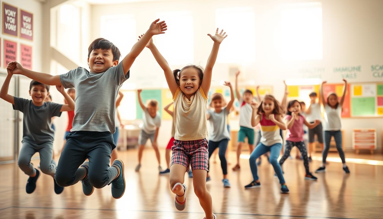 A group of energetic elementary school children exuberantly exercising in a sunlit gymnasium. The foreground features two boys and a girl enthusiastically jumping and stretching, their movements dynamic and joyful. In the middle ground, a diverse group of students perform squats, lunges, and arm raises, their faces flushed with vigor. The background depicts an airy, well-equipped space with colorful posters and motivational slogans on the walls, conveying a sense of healthy, positive energy. The lighting is warm and natural, casting a vibrant, uplifting glow on the scene. The overall mood is one of youthful vitality, physical activity, and immune-boosting exuberance. A group of energetic elementary school children exuberantly exercising in a sunlit gymnasium. The foreground features two boys and a girl enthusiastically jumping and stretching, their movements dynamic and joyful. In the middle ground, a diverse group of students perform squats, lunges, and arm raises, their faces flushed with vigor. The background depicts an airy, well-equipped space with colorful posters and motivational slogans on the walls, conveying a sense of healthy, positive energy. The lighting is warm and natural, casting a vibrant, uplifting glow on the scene. The overall mood is one of youthful vitality, physical activity, and immune-boosting exuberance.
