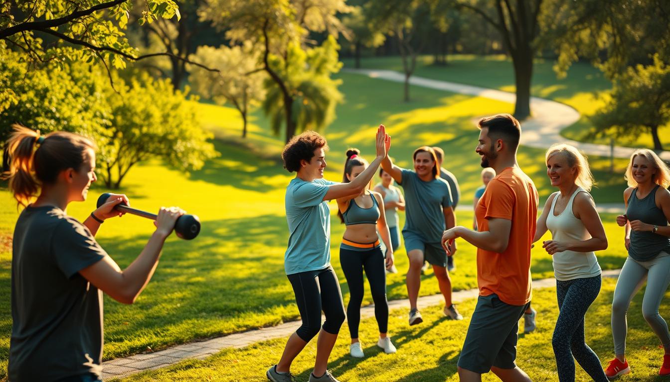 A group of friends exercising together in a vibrant, sun-lit park. In the foreground, two people engage in a friendly competition, playfully spotting each other during a weightlifting exercise. In the middle ground, a diverse group of individuals motivate one another through high-fives and laughter as they complete a circuit training routine. In the background, a lush, green landscape with trees and a winding path creates a serene, natural atmosphere. The warm, golden lighting casts a vibrant glow, enhancing the sense of camaraderie and shared commitment to health and wellness. A group of friends exercising together in a vibrant, sun-lit park. In the foreground, two people engage in a friendly competition, playfully spotting each other during a weightlifting exercise. In the middle ground, a diverse group of individuals motivate one another through high-fives and laughter as they complete a circuit training routine. In the background, a lush, green landscape with trees and a winding path creates a serene, natural atmosphere. The warm, golden lighting casts a vibrant glow, enhancing the sense of camaraderie and shared commitment to health and wellness.