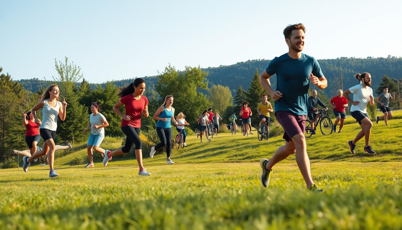 A group of people engaged in various energetic physical activities in a vibrant outdoor setting. In the foreground, individuals are jogging, stretching, and performing calisthenics against a backdrop of lush greenery and a clear blue sky. The middle ground features a group of people playing a dynamic team sport, while the background showcases individuals cycling, hiking, and participating in other invigorating pursuits. The scene is illuminated by warm, natural lighting that enhances the overall sense of vitality and well-being. The composition captures the energy, movement, and joy of an active lifestyle, inspiring the viewer to embrace physical activity as a means to boost their natural energy levels. A group of people engaged in various energetic physical activities in a vibrant outdoor setting. In the foreground, individuals are jogging, stretching, and performing calisthenics against a backdrop of lush greenery and a clear blue sky. The middle ground features a group of people playing a dynamic team sport, while the background showcases individuals cycling, hiking, and participating in other invigorating pursuits. The scene is illuminated by warm, natural lighting that enhances the overall sense of vitality and well-being. The composition captures the energy, movement, and joy of an active lifestyle, inspiring the viewer to embrace physical activity as a means to boost their natural energy levels.