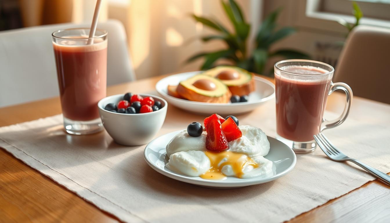 A healthy breakfast table set with an assortment of protein-rich foods: poached eggs, Greek yogurt with fresh berries, a protein smoothie, and a side of avocado toast. The scene is bathed in warm, vibrant morning light, casting a cozy, nourishing atmosphere. On the table, a sleek plate and glass display the carefully prepared meal, ready to fuel the viewer's morning routine and weight loss journey. The overall composition emphasizes the importance of protein-powered breakfasts as a key component of a successful weight management strategy.
