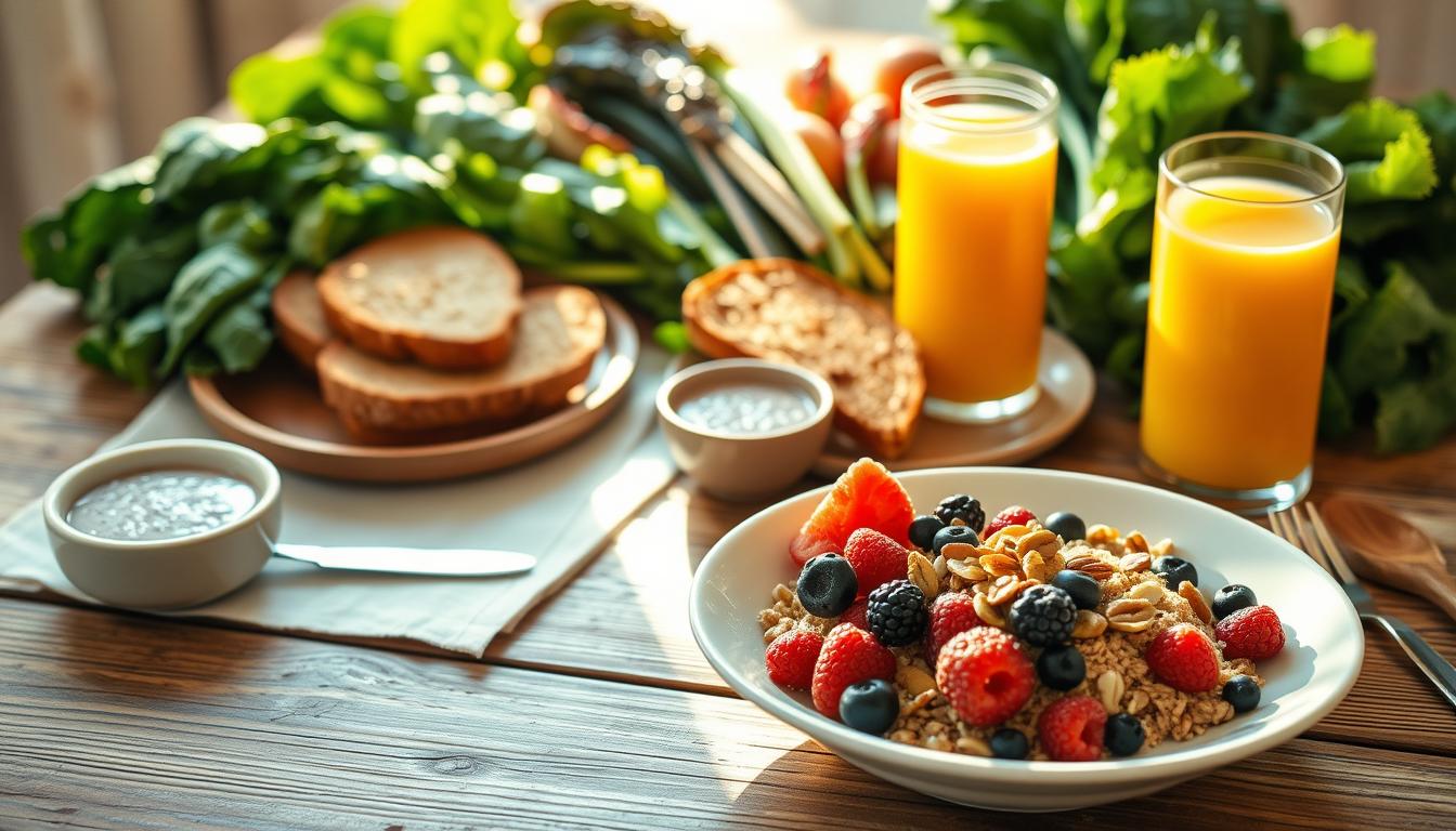 A hearty, fiber-rich breakfast spread on a rustic wooden table, bathed in warm, golden morning light. In the foreground, a bowl of fresh berries, a plate of oatmeal topped with nuts and seeds, and a glass of freshly squeezed orange juice. In the middle ground, a platter of whole-grain toast, accompanied by a small bowl of chia seed pudding. The background features a vibrant array of leafy greens, such as spinach and kale, arranged artfully. The overall mood is one of nourishment, vitality, and a sense of mindful, healthy indulgence. A hearty, fiber-rich breakfast spread on a rustic wooden table, bathed in warm, golden morning light. In the foreground, a bowl of fresh berries, a plate of oatmeal topped with nuts and seeds, and a glass of freshly squeezed orange juice. In the middle ground, a platter of whole-grain toast, accompanied by a small bowl of chia seed pudding. The background features a vibrant array of leafy greens, such as spinach and kale, arranged artfully. The overall mood is one of nourishment, vitality, and a sense of mindful, healthy indulgence.