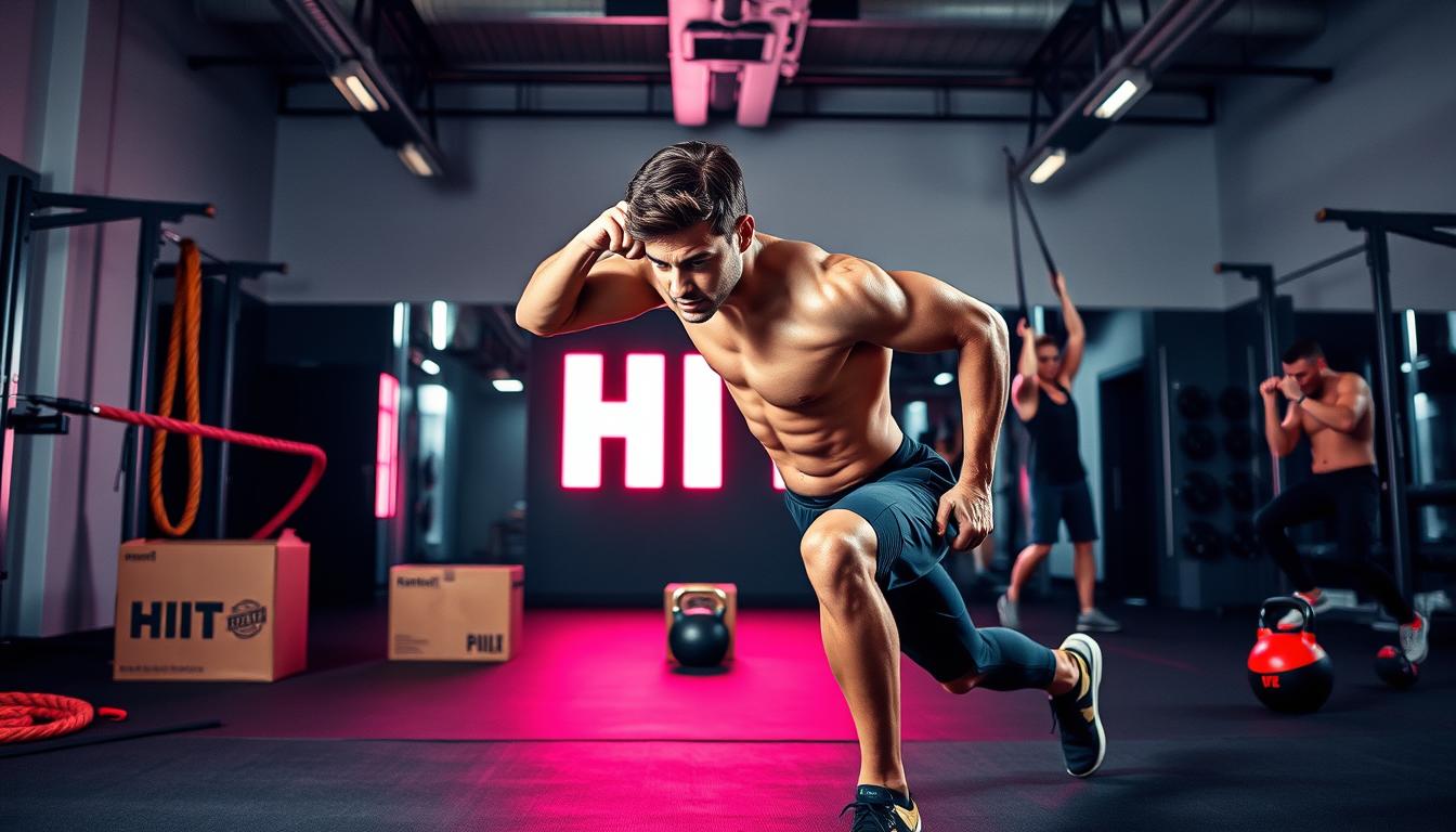 A high-intensity interval training (HIIT) scene with a fit athlete performing various exercises to maximize calorie burn. In the foreground, the athlete is in mid-motion, powering through a burpee, muscles flexed, sweat glistening under vibrant studio lighting. The middle ground features additional HIIT stations such as a battle rope, box jump, and kettlebell swing, all arranged in a dynamic, energetic layout. The background has a clean, minimalist gym interior with sleek, modern equipment, creating a motivating atmosphere for an intense metabolic workout.