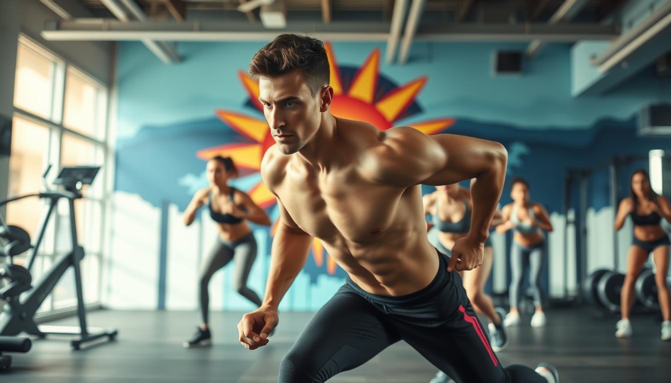 A high-intensity interval training (HIIT) workout in a well-lit, modern gym. In the foreground, a fit individual performing a series of burpees, their muscles taut with exertion. The middle ground features a diverse group of people engaging in a variety of HIIT exercises, their faces determined and bodies gleaming with sweat. In the background, sleek workout equipment and a vibrant mural depicting a blazing sun, symbolizing the intense calorie-burning nature of the workout. The scene exudes a sense of energy, dynamism, and a drive to push one's physical limits and accelerate fat burning.