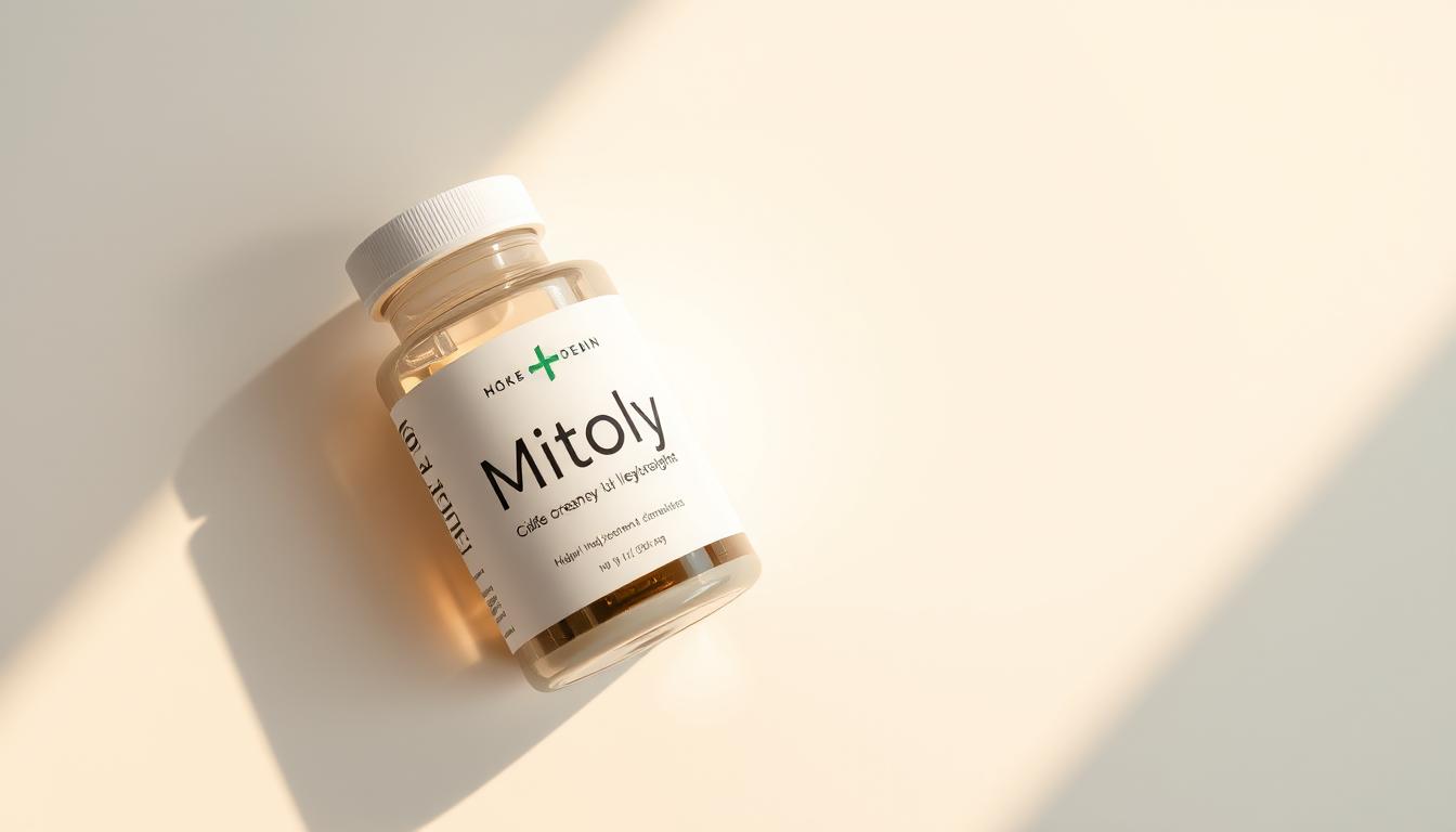 A high-quality, professionally-designed bottle of Mitolyn supplement, with a sleek, minimalist label showcasing the brand's logo and product name. The bottle is positioned on a clean, white surface, casting a soft, natural shadow. The lighting is warm and directional, accentuating the bottle's form and creating a sense of depth and dimension. The overall composition is balanced and visually appealing, evoking a vibrant, high-end aesthetic that suggests the authenticity and quality of the Mitolyn product.