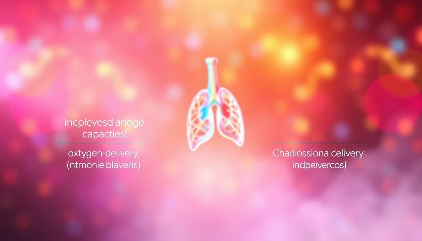 A high-resolution 3D render of the benefits of improved aerobic capacity, set against a glowing, vibrant backdrop. In the foreground, a dynamic visual representation of the physiological effects, such as increased blood flow, oxygen delivery, and mitochondrial biogenesis. The middle ground showcases colorful, abstract shapes symbolizing enhanced cardiovascular and respiratory function. The background features a vivid, gradient-filled environment, radiating warmth and energy, to convey the overall positive impact of improved aerobic capacity on the body's systems. Lighting is soft and diffused, creating a sense of depth and atmosphere.