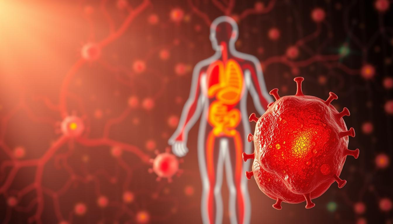 A high-resolution, detailed illustration depicting the concept of inflammation and its impact on human health. The foreground shows a magnified view of inflamed cells, with visible redness, swelling, and immune responses. The middle ground features a human body silhouette, with areas of inflammation highlighted in vibrant hues. The background showcases a network of blood vessels, lymphatic systems, and cellular processes involved in the inflammatory response. The lighting is warm and natural, creating a sense of depth and scientific clarity. The overall atmosphere conveys a sense of understanding and exploration of the complex mechanisms underlying inflammation and its wide-ranging effects on the body.