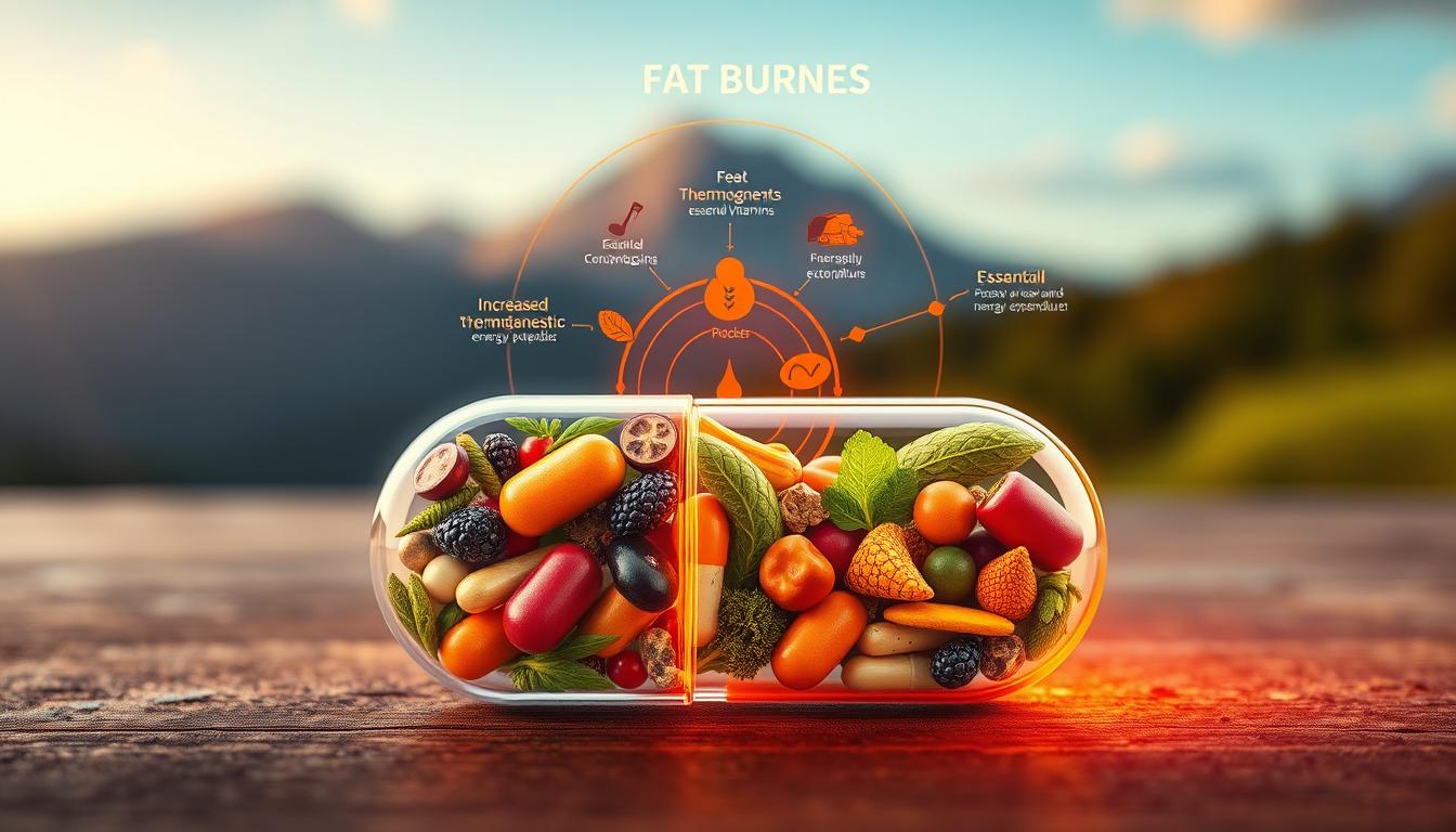 A high-resolution, detailed illustration of the inner workings of effective fat-burning supplements. In the foreground, a cross-section of a capsule reveals a complex matrix of active ingredients, including vibrant herbal extracts, essential vitamins, and metabolism-boosting compounds. In the middle ground, a stylized diagram showcases the key mechanisms of action, such as increased thermogenesis, fat mobilization, and energy expenditure. The background features a subtly blurred, photorealistic landscape, evoking a sense of natural, holistic wellness. Warm, vibrant lighting accentuates the dynamic interplay of the supplement's components, creating a visually engaging and informative representation of how effective fat-burning supplements work.