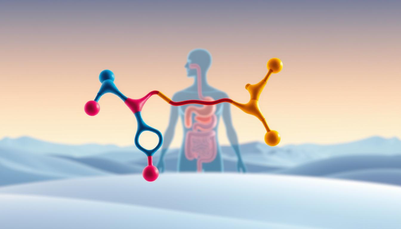 A high-resolution digital illustration depicting the hormones GLP-1 and the fullness hormone in a vibrant, detailed style. The foreground features two interconnected molecules, one representing GLP-1 and the other the fullness hormone, shown in a bold, striking color palette. The middle ground showcases a stylized human digestive system, highlighting the role of these hormones in regulating appetite and satiety. The background is a minimalist, gradient-based landscape, creating a sense of depth and emphasizing the scientific focus of the image. The lighting is soft and diffused, lending a serene, contemplative mood to the scene. The composition is well-balanced, drawing the viewer's eye to the central hormonal interaction.
