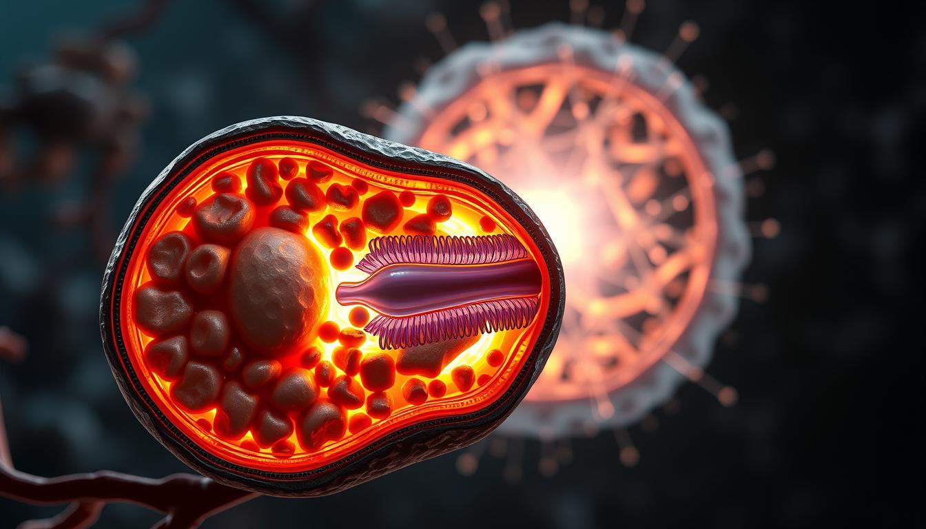 A highly detailed cutaway diagram showcasing the intricate inner workings of a mitochondrion, the powerhouse of the cell. In the foreground, a cross-section reveals the cristae-filled matrix, the site of oxidative phosphorylation and ATP production. The middle ground highlights the double-membrane structure, with the outer membrane and the selectively permeable inner membrane visible. In the background, a diffuse glow emanates from the mitochondrion, representing the vibrant energy generation occurring within. Rendered in a scientific, technical style with a focus on accuracy and visual clarity, this image will effectively illustrate the key role of mitochondria in the body's energy production processes.