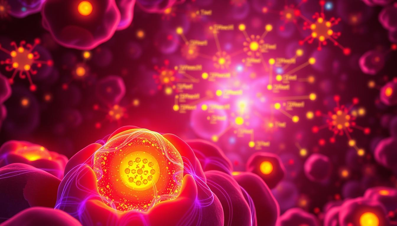 A highly detailed illustration of the cellular mechanisms involved in fat loss, bathed in a vibrant, neon-like glow. In the foreground, a cluster of fat cells undergoing lipolysis, their triglyceride-filled lipid droplets shrinking as mitochondria within the cells work to convert the released fatty acids into energy. In the middle ground, a network of metabolic pathways and signaling cascades, featuring glowing enzymes, hormones, and regulatory proteins that orchestrate this fat-burning process. In the background, a vivid, energetic landscape of cellular organelles, ribosomes, and other microscopic structures, all bathed in a dynamic, kaleidoscopic light. A highly detailed illustration of the cellular mechanisms involved in fat loss, bathed in a vibrant, neon-like glow. In the foreground, a cluster of fat cells undergoing lipolysis, their triglyceride-filled lipid droplets shrinking as mitochondria within the cells work to convert the released fatty acids into energy. In the middle ground, a network of metabolic pathways and signaling cascades, featuring glowing enzymes, hormones, and regulatory proteins that orchestrate this fat-burning process. In the background, a vivid, energetic landscape of cellular organelles, ribosomes, and other microscopic structures, all bathed in a dynamic, kaleidoscopic light.