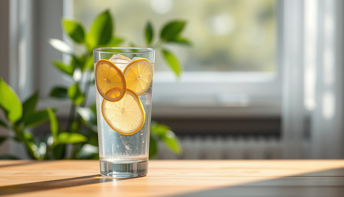 A highly detailed, photorealistic image of a glass of water with lemon slices and ice cubes, set against a blurred background of fresh green leaves and morning sunlight streaming through a window. The glass is positioned on a minimalist wooden table, capturing the essence of "morning hydration for fat loss" in a clean, inviting composition. The lighting is soft and vibrant, accentuating the refreshing and energizing nature of the scene. The overall mood is one of simplicity, wellness, and a sense of a healthy, vibrant start to the day.