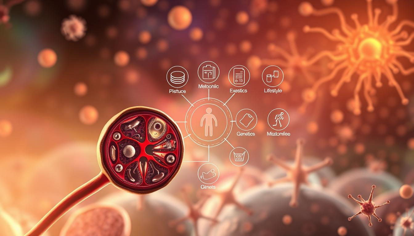 A highly detailed, scientifically accurate illustration depicting the various factors behind the differing Mitolyn results observed by users. The foreground shows a cutaway view of a human mitochondrion, with its intricate inner structures and metabolic processes clearly visible. The middle ground features a collection of icons representing different variables like diet, exercise, genetics, and lifestyle. The background displays a vibrant, dynamic landscape of cellular activity, with mitochondria networked throughout. Soft, warm lighting casts an ethereal glow, and the overall composition conveys a sense of the complex interplay between biological, environmental, and individual factors that contribute to Mitolyn's efficacy.