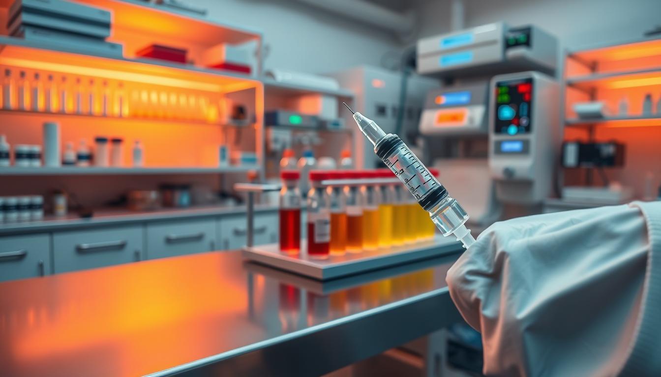 A laboratory interior bathed in warm, vibrant lighting. On a steel examination table, an array of medical instruments and glass vials containing various colored liquids. In the foreground, a close-up of a sterile syringe filled with a transparent fluid, poised to extract a sample from a subject's arm. The background showcases shelves of analytical equipment, test tubes, and digital readouts displaying a spectrum of biomarkers. Subtle reflections on the gleaming surfaces create a sense of scientific precision and clinical efficiency. The mood is one of focused inquiry, with the tools of modern health monitoring presented in a visually compelling manner.