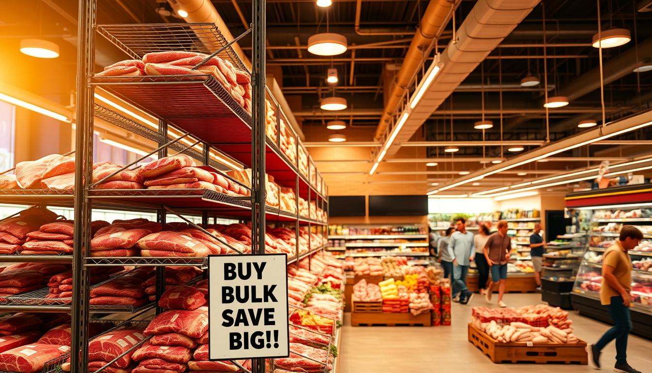 A large metal shelving unit stands in a bright, airy supermarket, stocked floor-to-ceiling with an abundant variety of fresh, high-quality meats. The lighting is warm and vibrant, casting a golden glow over the scene. In the foreground, a sign proudly displays "Buy Bulk, Save Big!" while the middle ground showcases the different cuts and sizes of beef, pork, and poultry, neatly organized and ready for the discerning carnivore. The background features the busy supermarket setting, with other shoppers navigating the aisles, creating a sense of a thriving, well-stocked marketplace.