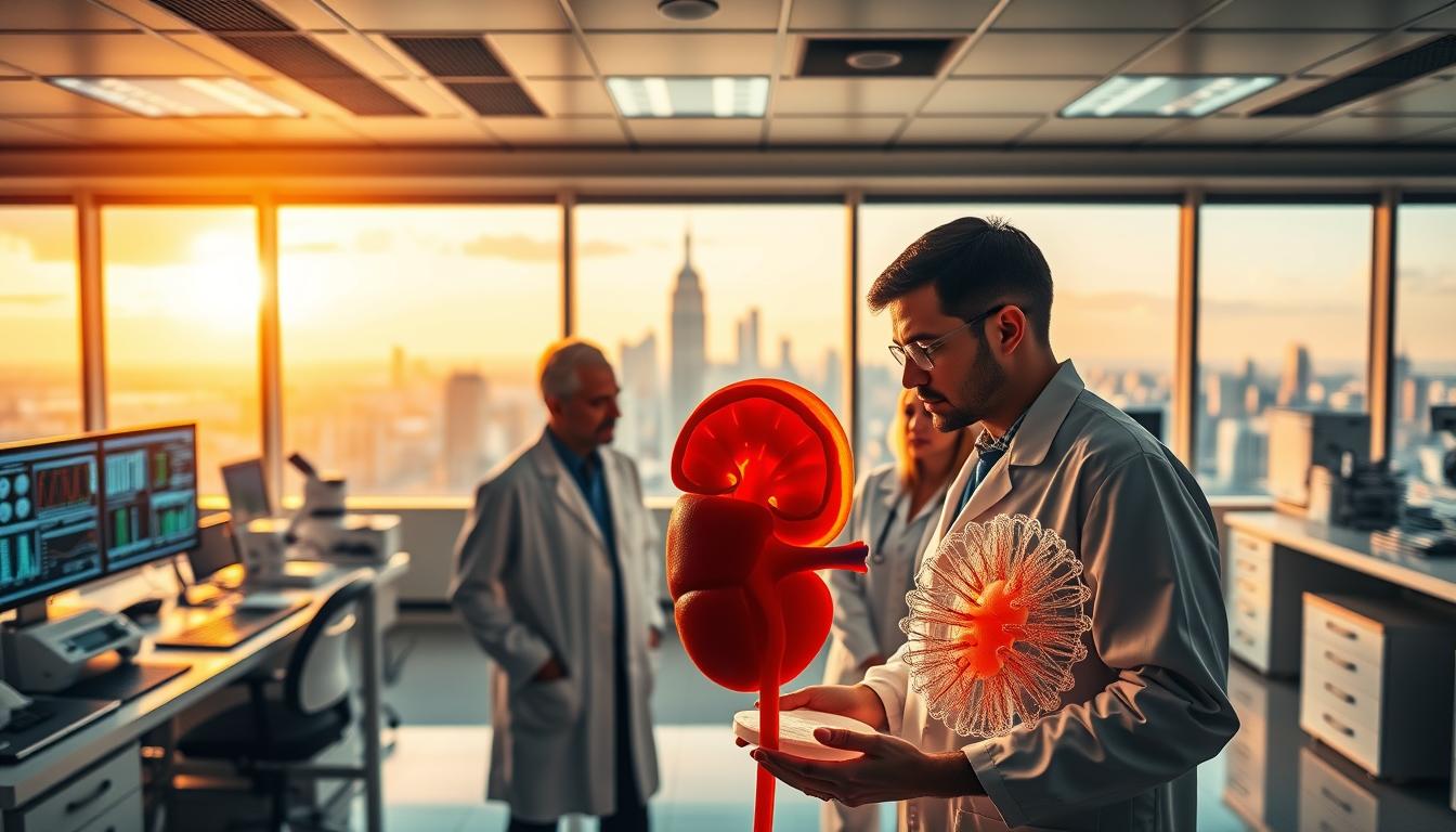 A large, state-of-the-art medical research laboratory, bathed in a warm, vibrant glow. In the foreground, a team of clinical researchers examines a detailed 3D model of a kidney, intently studying its intricate structure and function. The middle ground features advanced analytical equipment, computer screens displaying complex data visualizations. In the background, a panoramic window overlooks a bustling city skyline, symbolizing the connection between this groundbreaking research and its real-world medical applications. The scene conveys a sense of scientific rigor, discovery, and the relentless pursuit of understanding the human body's most vital organs.