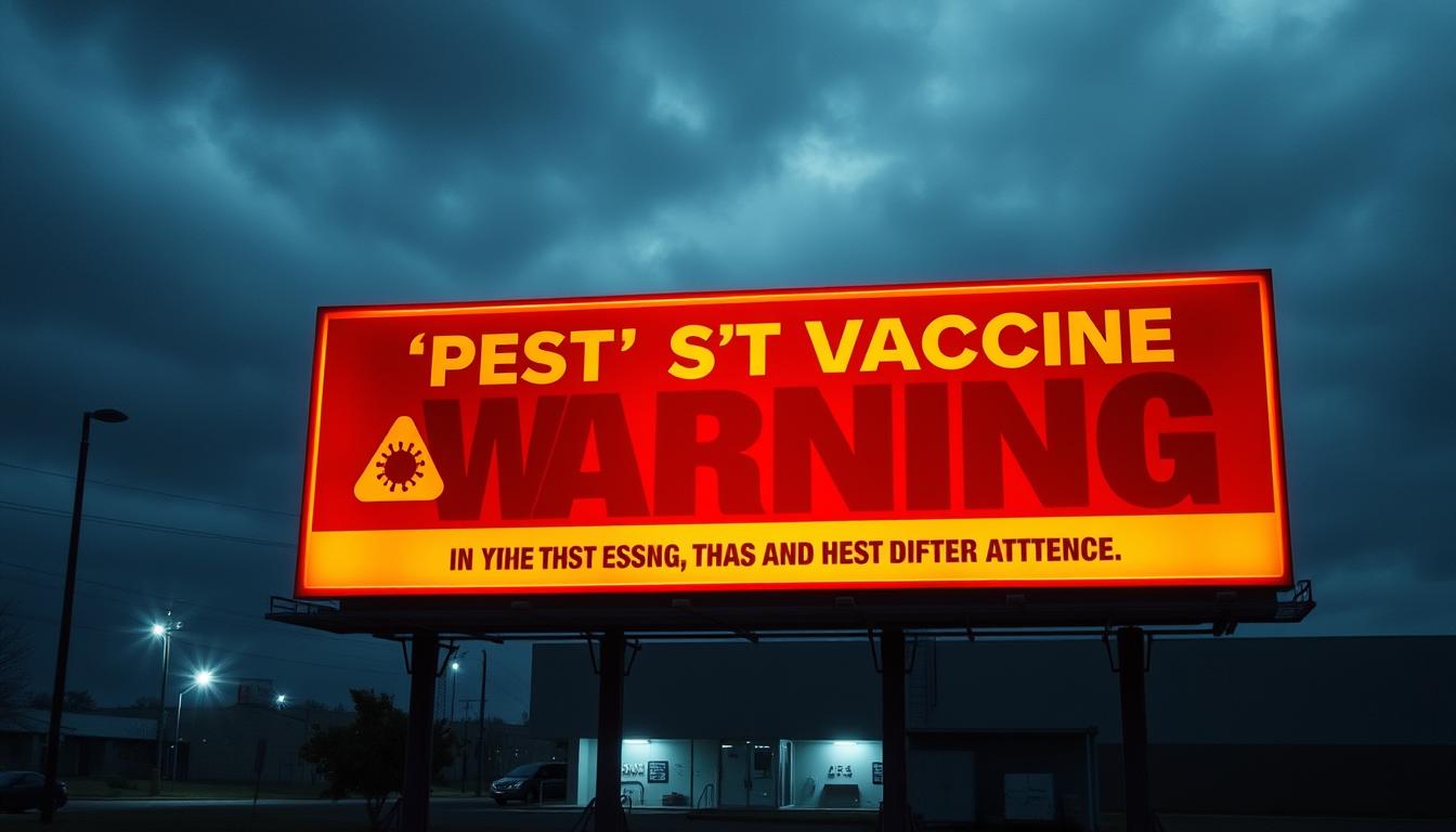 A large, striking billboard-style sign looming in the foreground, its bold red and yellow hues radiating a sense of urgency. The sign displays distinctive symbols and text, clearly communicating critical post-vaccine warning information. The middle ground features a dimly lit, shadowy medical facility, with a sense of unease permeating the scene. In the background, a gloomy, overcast sky sets an ominous tone, adding to the overall atmosphere of heightened caution and the need for immediate medical attention.