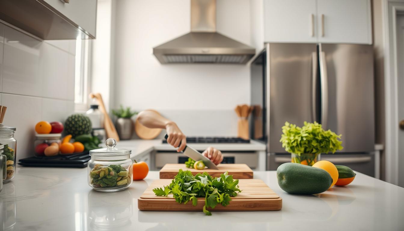 A light-filled kitchen counter, adorned with neatly arranged glass containers, fresh produce, and a cutting board. In the foreground, a person skillfully chops vegetables, their movements captured in a vibrant, dynamic pose. Overhead, sleek stainless steel appliances gleam, while a window in the background allows natural light to flood the space, creating a warm and inviting atmosphere. The scene exudes a sense of organization and efficiency, showcasing a well-planned approach to meal preparation. A light-filled kitchen counter, adorned with neatly arranged glass containers, fresh produce, and a cutting board. In the foreground, a person skillfully chops vegetables, their movements captured in a vibrant, dynamic pose. Overhead, sleek stainless steel appliances gleam, while a window in the background allows natural light to flood the space, creating a warm and inviting atmosphere. The scene exudes a sense of organization and efficiency, showcasing a well-planned approach to meal preparation.