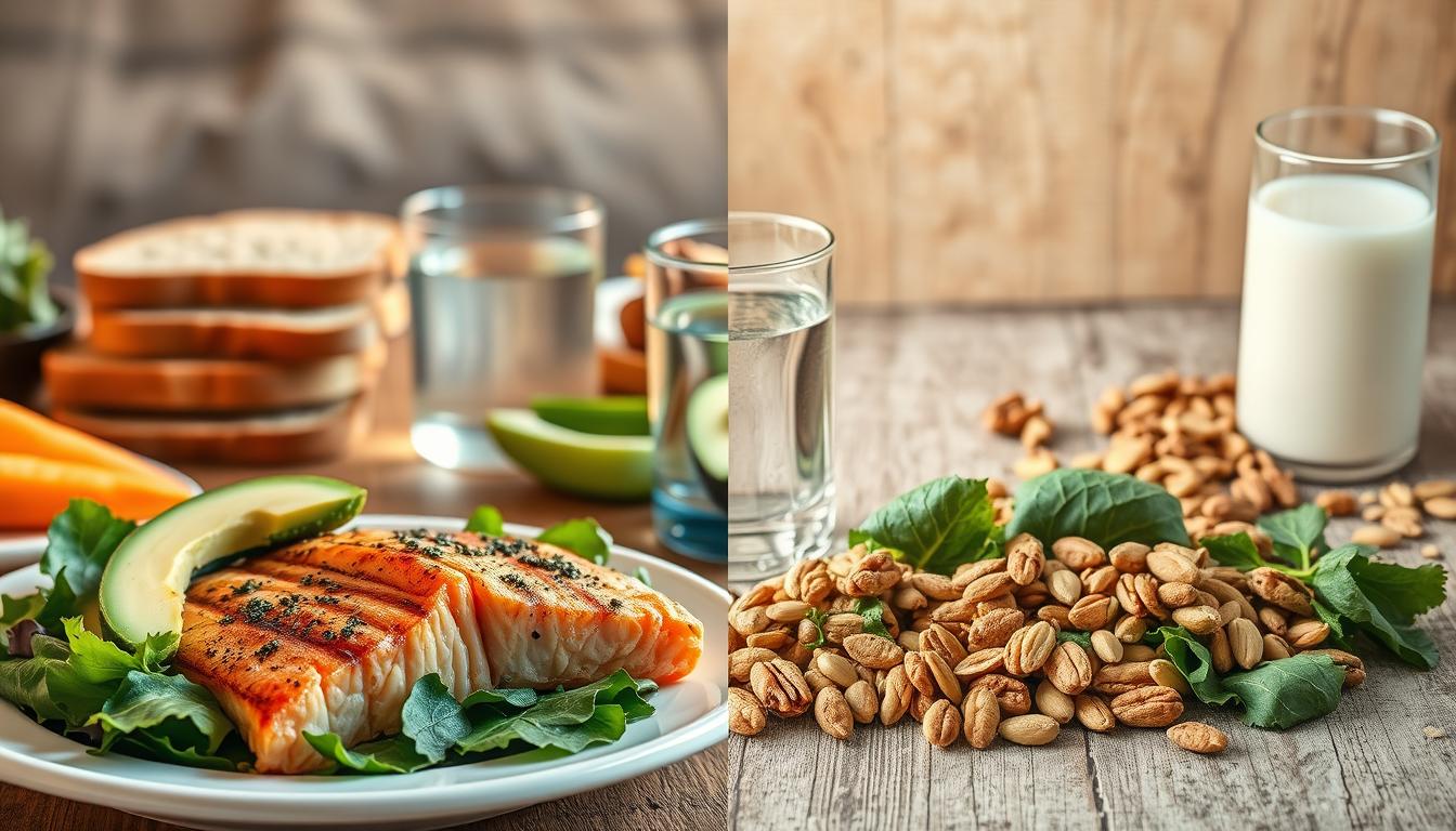 A low-carb diet and a clean eating lifestyle, side by side in a dynamic visual contrast. In the foreground, a plate of grilled salmon, avocado, and leafy greens, bathed in warm, golden light. In the middle ground, a stack of whole-grain bread, fresh vegetables, and a glass of water, conveying the essence of clean eating. The background, a stark landscape of keto-friendly ingredients - nuts, seeds, and a glass of unsweetened almond milk, all captured through a crisp, wide-angle lens. The overall scene exudes a vibrant, balanced atmosphere, reflecting the nuances between these two distinct approaches to natural weight loss.