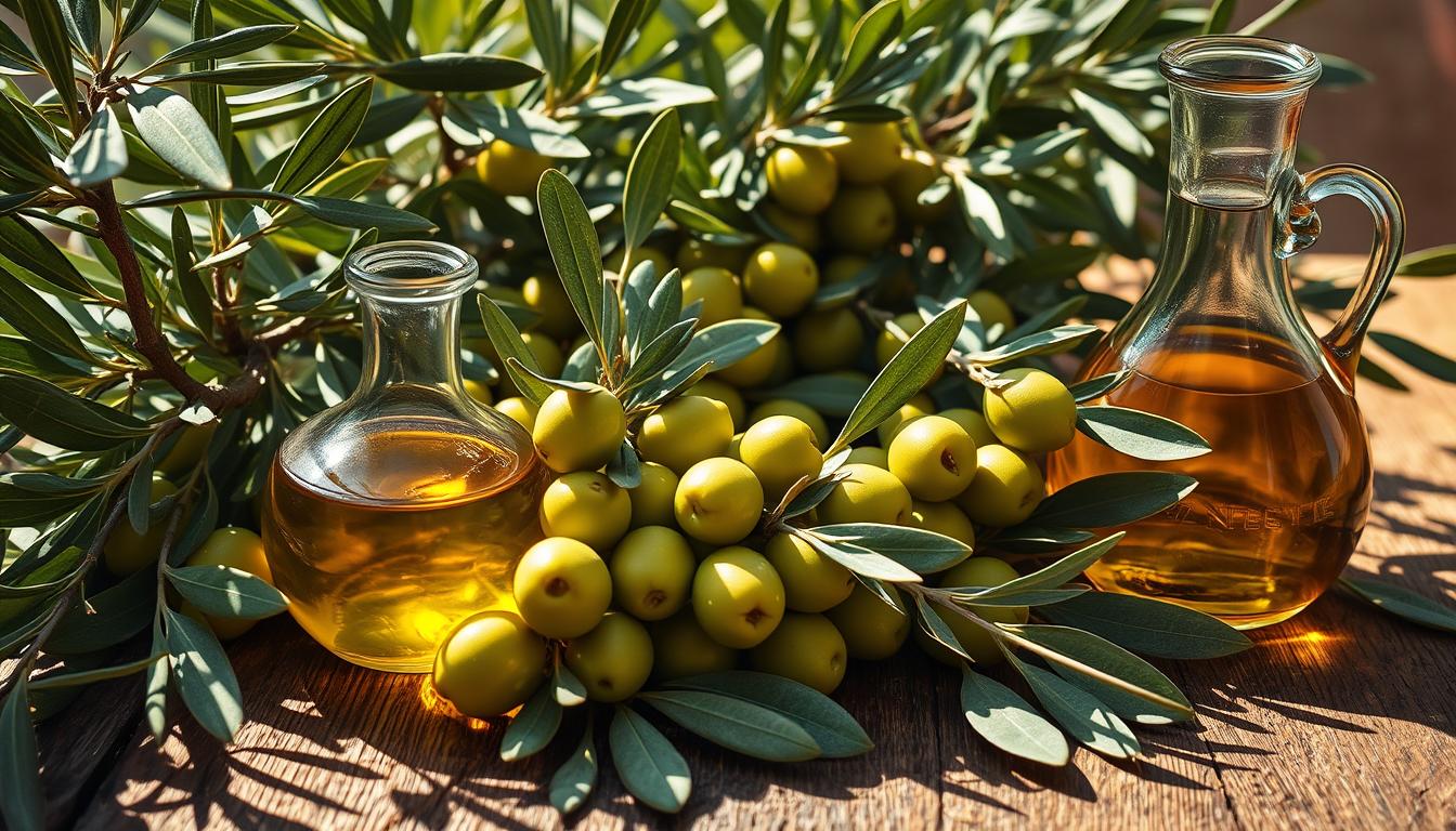 A lush Mediterranean still life, sunlight-dappled olive branches arrayed on a rustic wooden table. Plump, glistening green olives nestled amidst gnarled leaves, their contours casting intricate shadows. A glass carafe of golden olive oil stands nearby, its surface reflecting the vibrant scene. The warm, earthy tones create a vibrant, appetizing atmosphere, inviting the viewer to savor the healthful bounty of the olive, a Mediterranean fat burner. A crisp, high-resolution image captured with a professional-grade camera lens, highlighting the textural details and rich, vibrant hues.