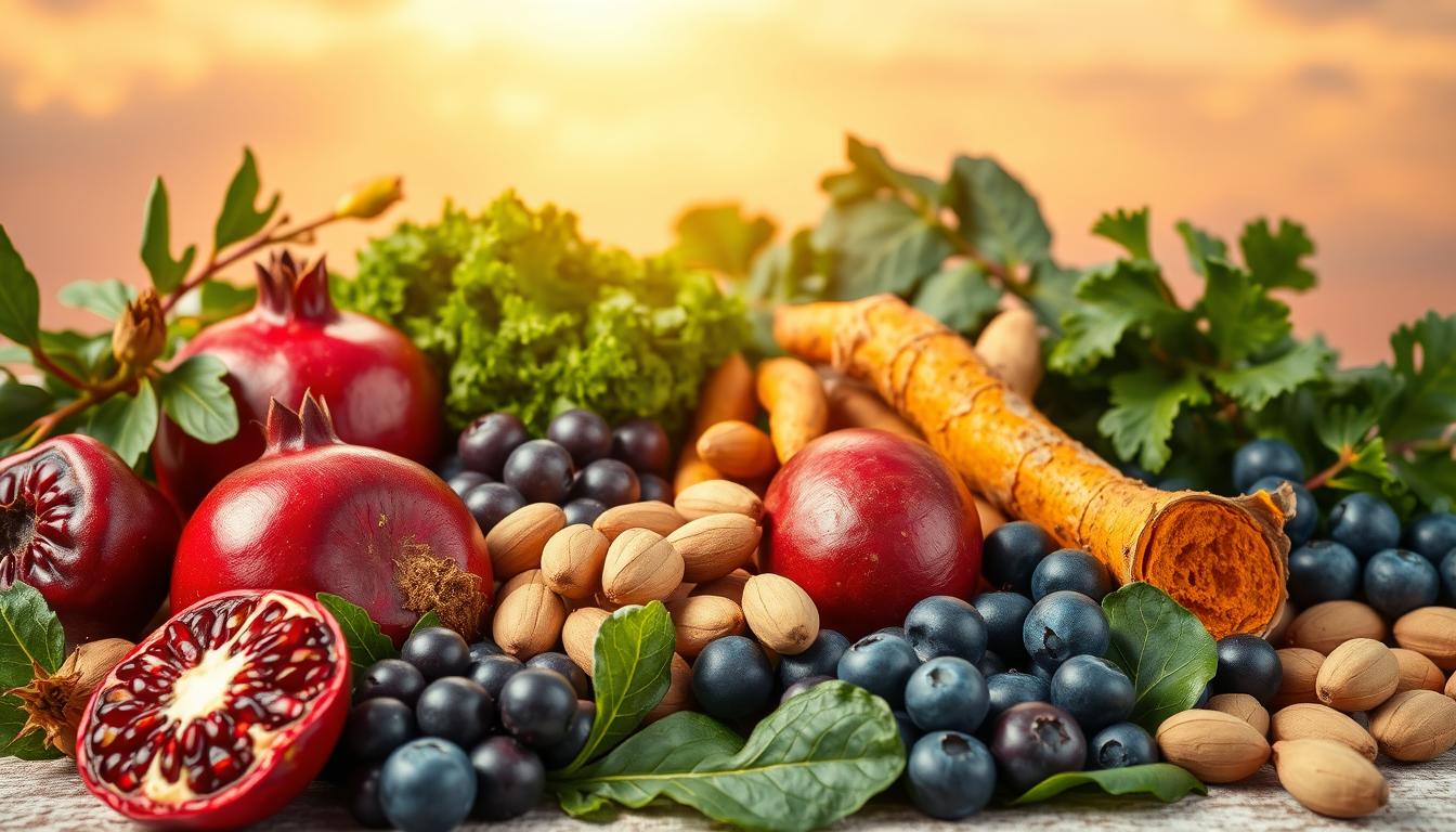 A lush, botanical still life showcasing a variety of nutritious foods for organ health. In the foreground, ripe pomegranates, glistening acai berries, and juicy blueberries are arranged artfully. In the middle ground, leafy kale, vibrant turmeric roots, and a handful of raw Brazil nuts create a harmonious interplay of colors and textures. The background features a soft, gradient-rich sky with warm, golden lighting casting a radiant glow over the whole scene. The composition is balanced and visually striking, conveying the importance of a nutrient-dense diet for supporting vital organs like the liver and kidneys.