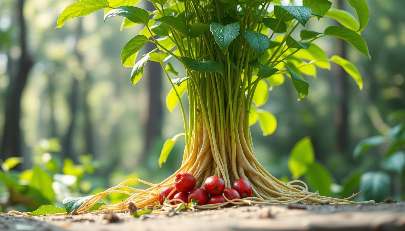 A lush green ginseng plant stands prominently in the foreground, its thick, fibrous roots sprawling across the frame. The plant's leaves are a vibrant shade of verdant green, glistening with morning dew under soft, diffused lighting. In the middle ground, several plump, ripe ginseng berries are scattered around the base, their deep red hues creating a striking contrast against the greenery. The background is a hazy, out-of-focus forest scene, with dappled sunlight filtering through the canopy, evoking a sense of tranquility and vitality. The overall composition is balanced and visually striking, capturing the essence of ginseng's energizing and weight-loss properties.
