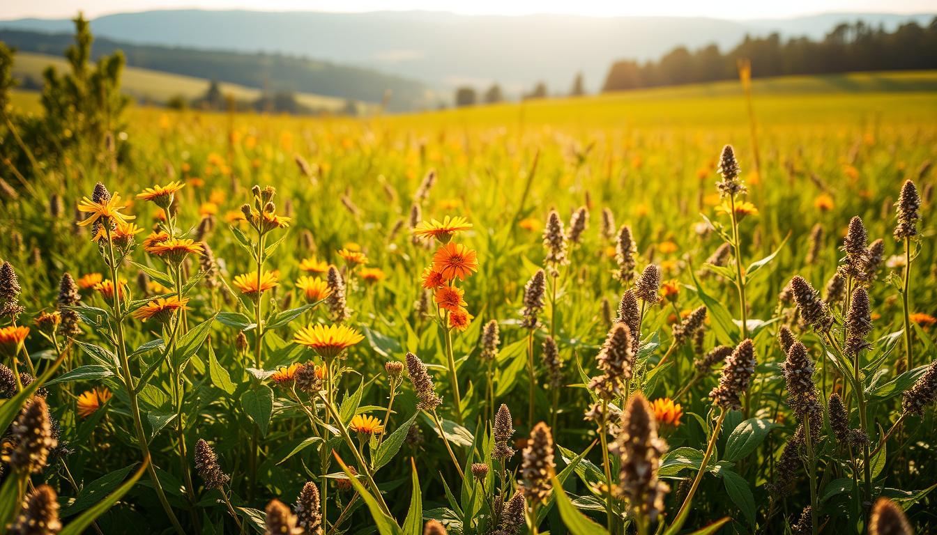 A lush meadow filled with an array of natural weight loss herbs, bathed in warm, vibrant sunlight. In the foreground, clusters of verdant leaves and delicate flowers - ginger, turmeric, green tea, and cayenne pepper - stand tall, their vibrant hues shimmering. In the middle ground, a scattering of aromatic herbs like cinnamon, cardamom, and fennel add depth and complexity. The background offers a serene, pastoral landscape of rolling hills and a distant forest, creating a sense of harmony and balance. The overall atmosphere is one of vitality, nourishment, and the restorative power of nature.