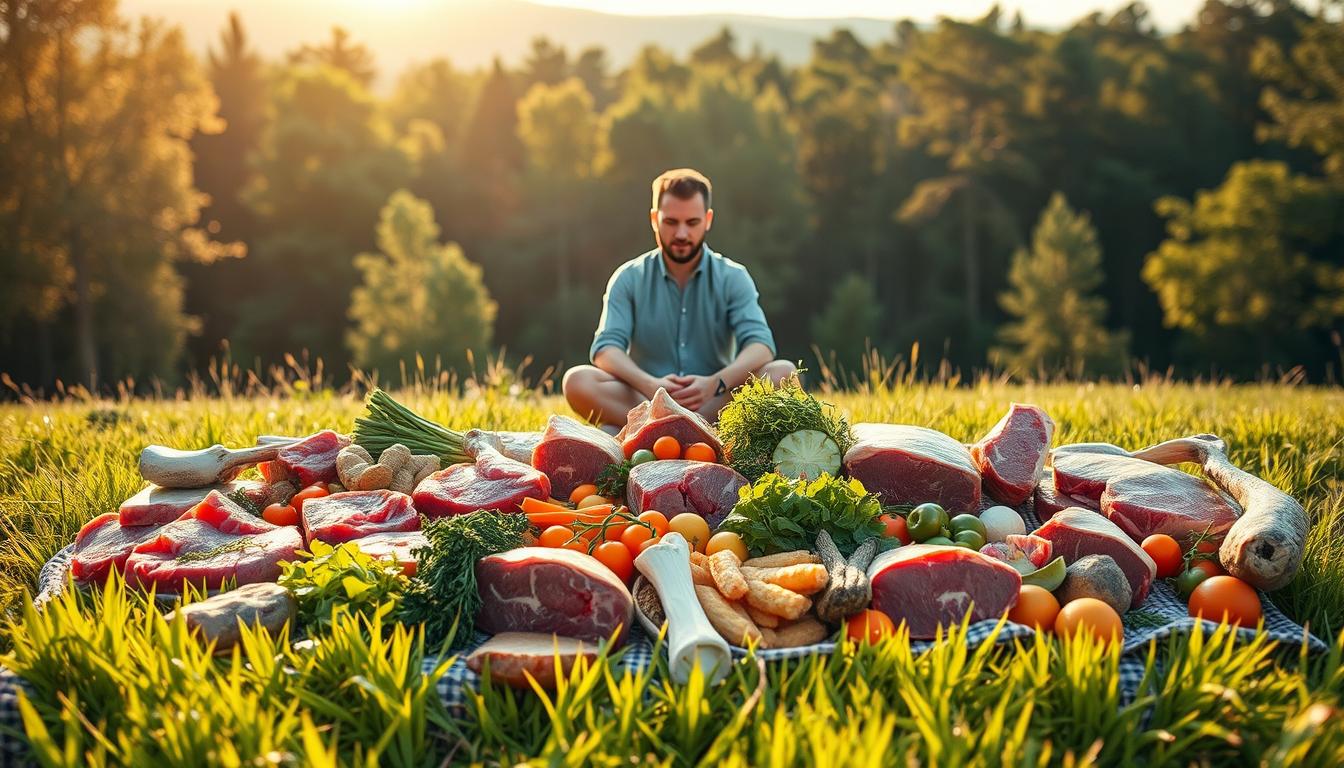 A lush meadow illuminated by warm, golden sunlight. In the foreground, an array of raw, succulent meat cuts - juicy steaks, tender roasts, and aromatic bones. Surrounding them, a diverse selection of nutrient-dense vegetables and fruits, vibrant in color. In the middle ground, a person sits cross-legged, examining the meal with a peaceful, contemplative expression. In the background, a serene forest landscape, the trees swaying gently in a soft breeze. The scene conveys the principles of the carnivore diet - a focus on high-quality, unprocessed animal products, complemented by carefully selected plant-based foods, all presented in a tranquil, natural setting.